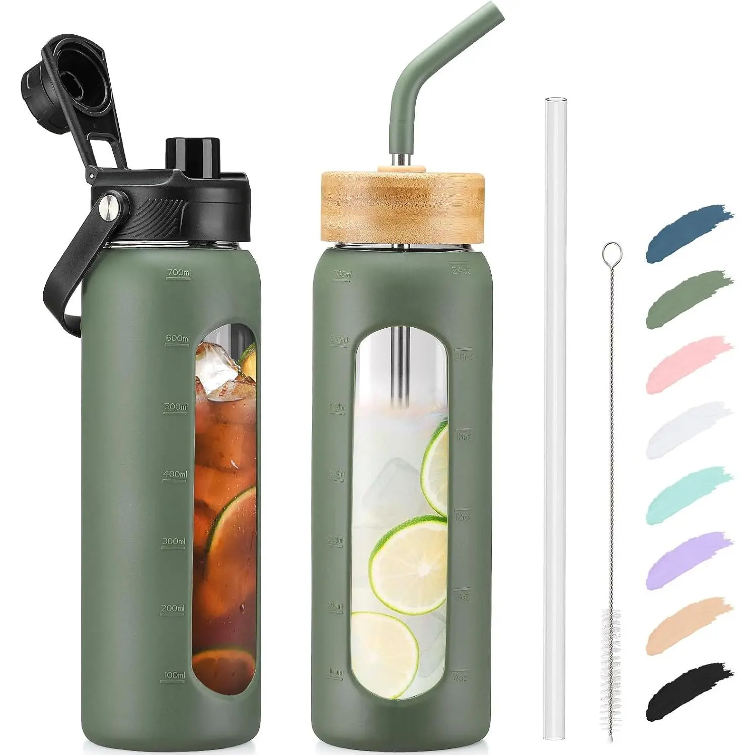 Stylish Lightweight Silicone Glass Sports Drinking Bottle Set, Transparent with Time Markers, 2 Lids (Bamboo Straw, Handle Spout) for Sports, Travel