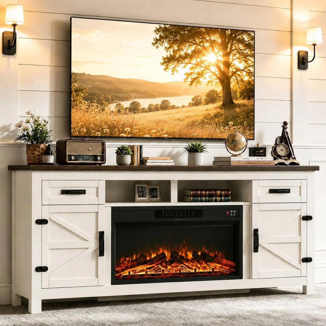 Farmhouse Fireplace TV Stand with Barn Door - 80in White & Black Furniture for TVs up to 90in, Living Room Home Decor Entertainment Center with Storage Cabinets for Apartment Decorating