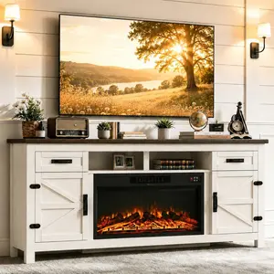 Fireplace TV Stand with Barn Door for TVs up to 90", Farmhouse Fireplace Entertainment Center with Storage Cabinets, 80 inch, White & Black