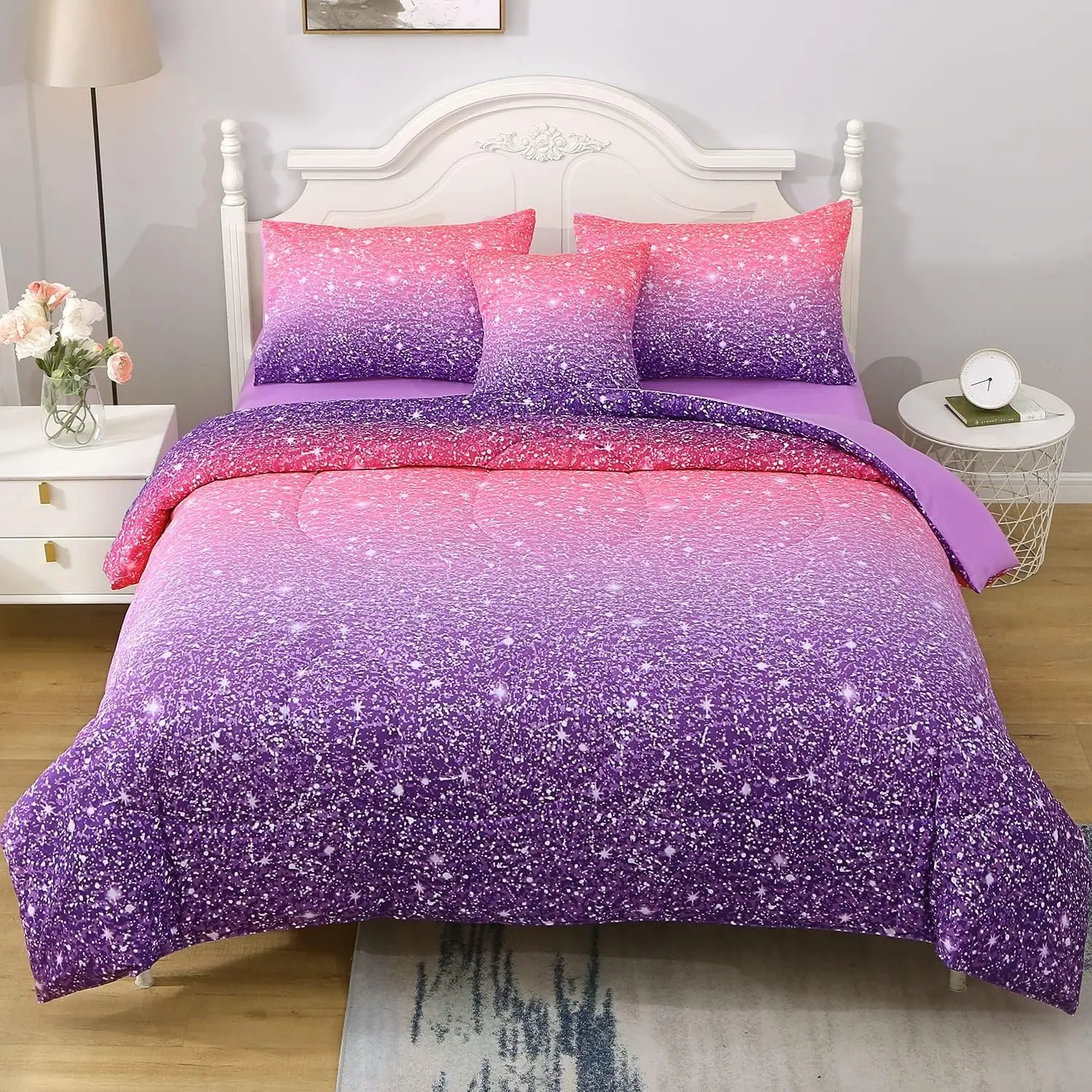 Full Size Pink Purple Comforter Set, 6 Piece Bed in A Bag 3D Colorful Bedding Set for Girls Women(1 Comforter,2 Pillowcases,1 Flat Sheet,1 Fitted Sheet,1 Cushion Cover)