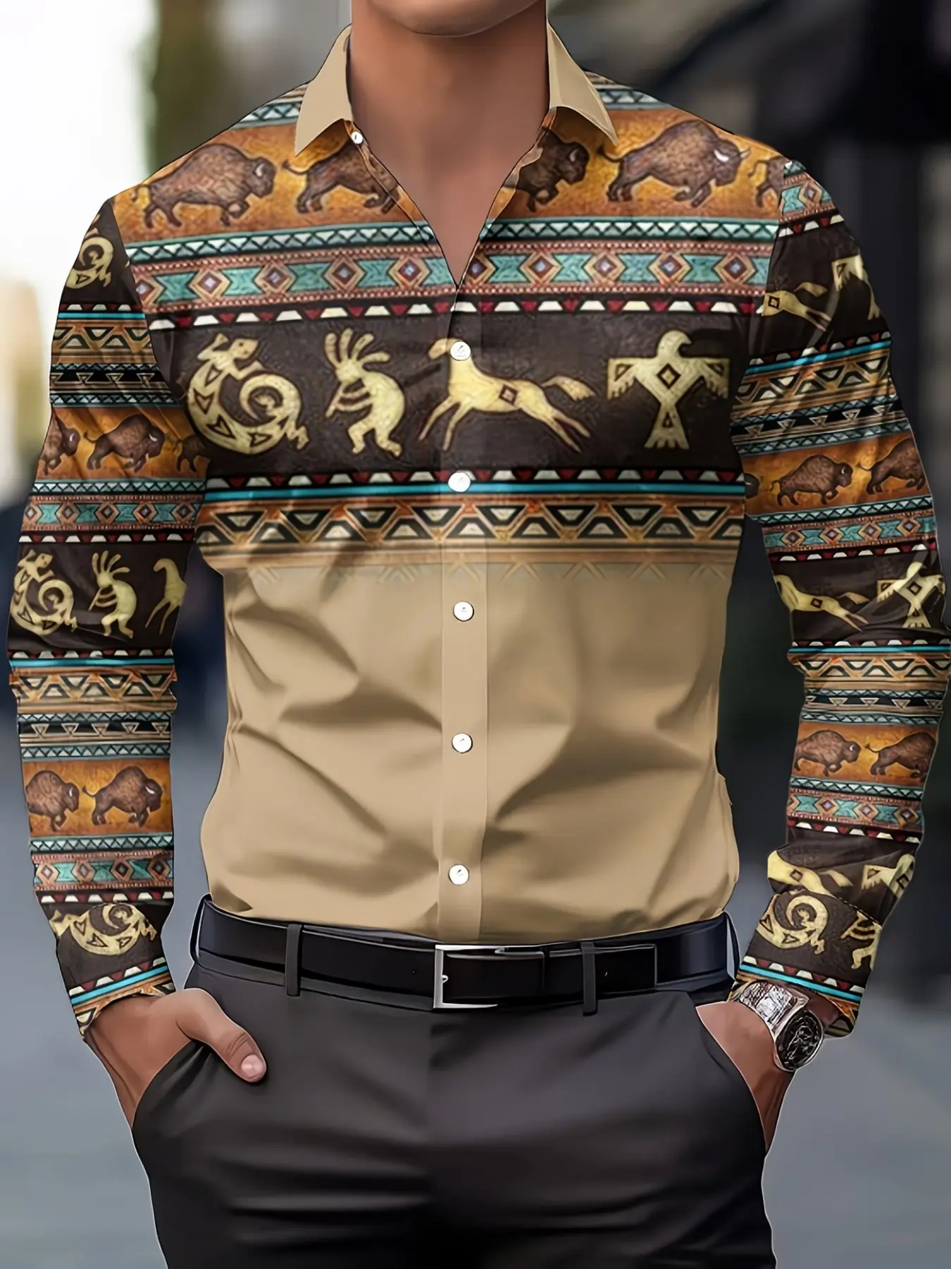 Men's Ethnic Print Long Sleeve Shirt, Fashion Slim Fit Casual Top, Multi-Color Graphic Design, Business Leisure Style