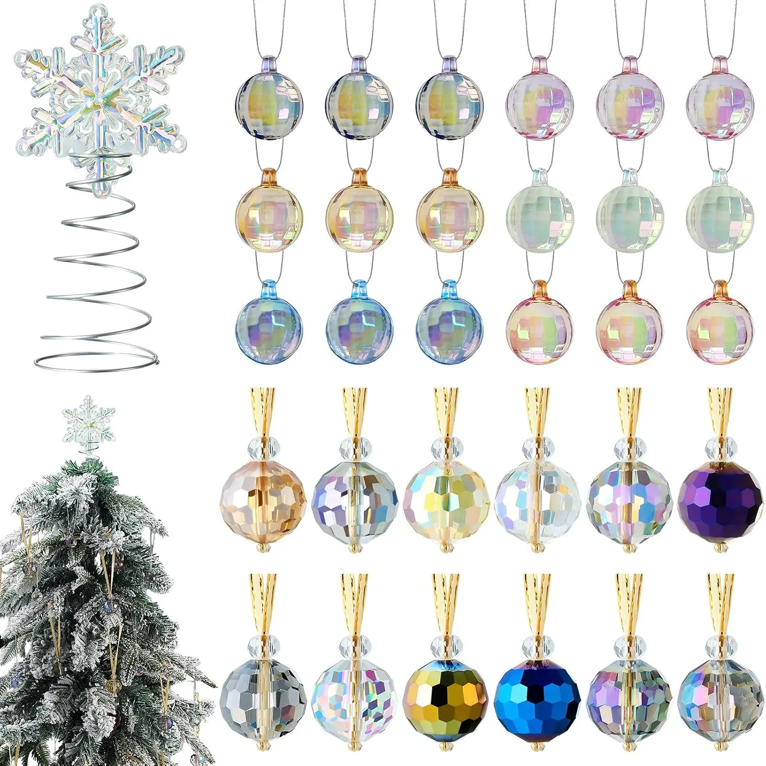 Mini Christmas Tree Topper with 30 count Mini Christmas Ball Ornament Set - 4 Inches Small  Topper for Small Xmas Tree, Table Centerpiece(Iridescent,Snowflake)