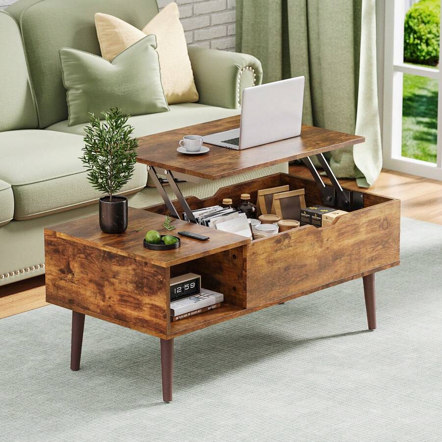 39" Rustic Lift Top Coffee Table with Hidden Compartment & Storage Shelf Adjustable Height for Living Room Office Modern Multifunctional WPC Material