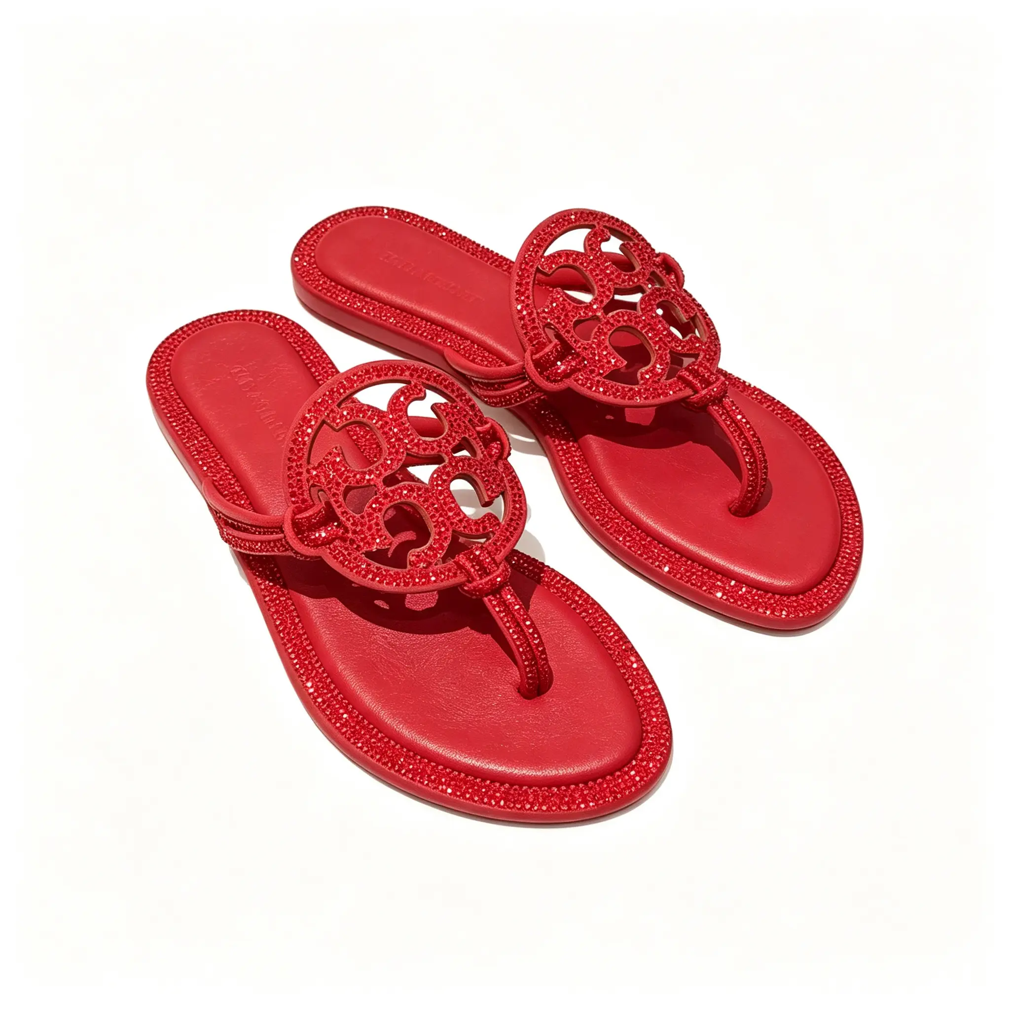Vivid Red Rhinestone Covered Hollow Circular Medallion Flip Flops Fully Crystal Edged Cushioned Footbed Wearproof Rubber Sole Fashion Pool Slides for Resort Daily Outfit Night Club Street Wear