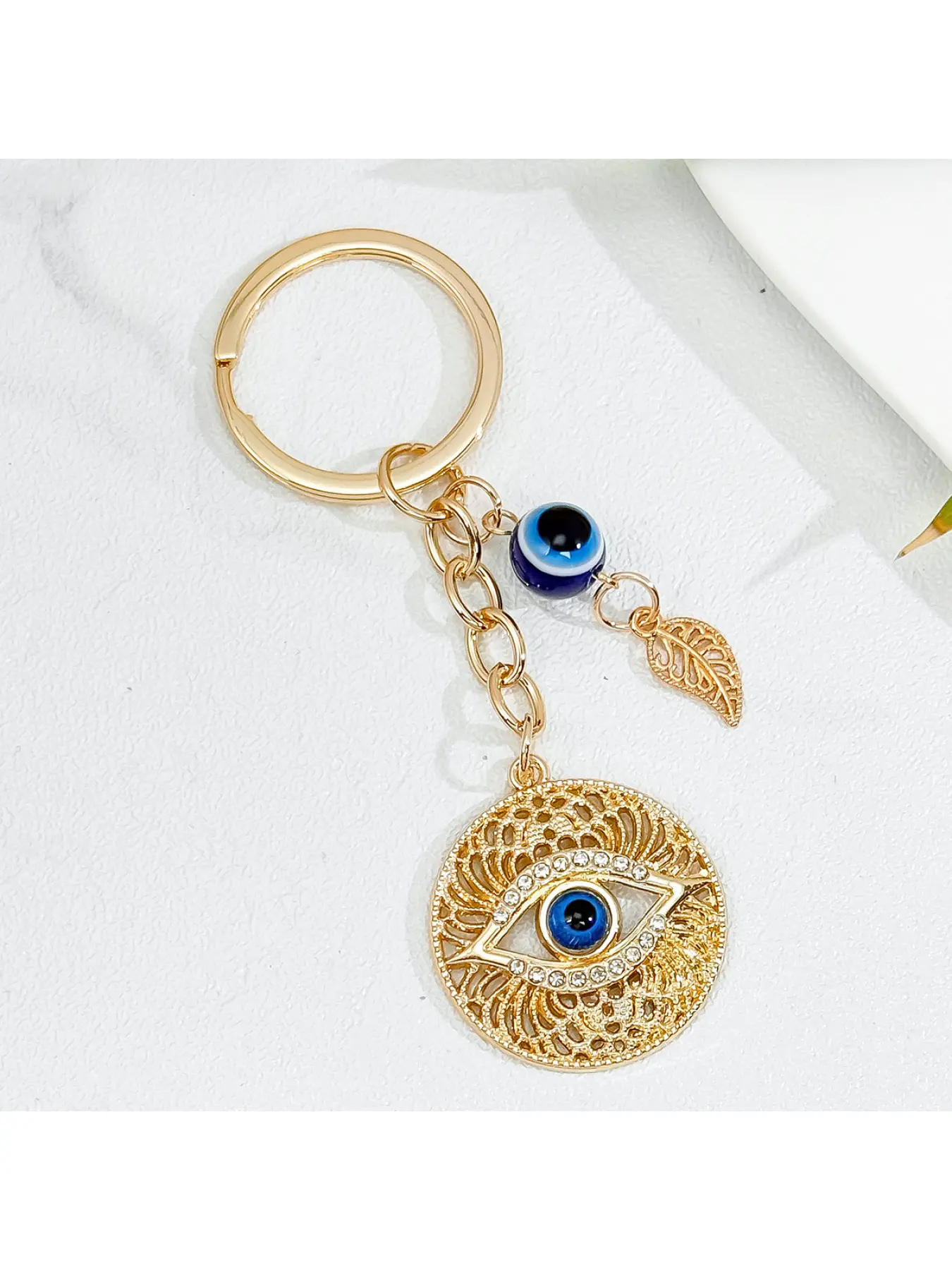 8pcs Rhinestone Outline Eye Keyring, Leaf & Bead Combo, Blessing Gift for School Bag Decor