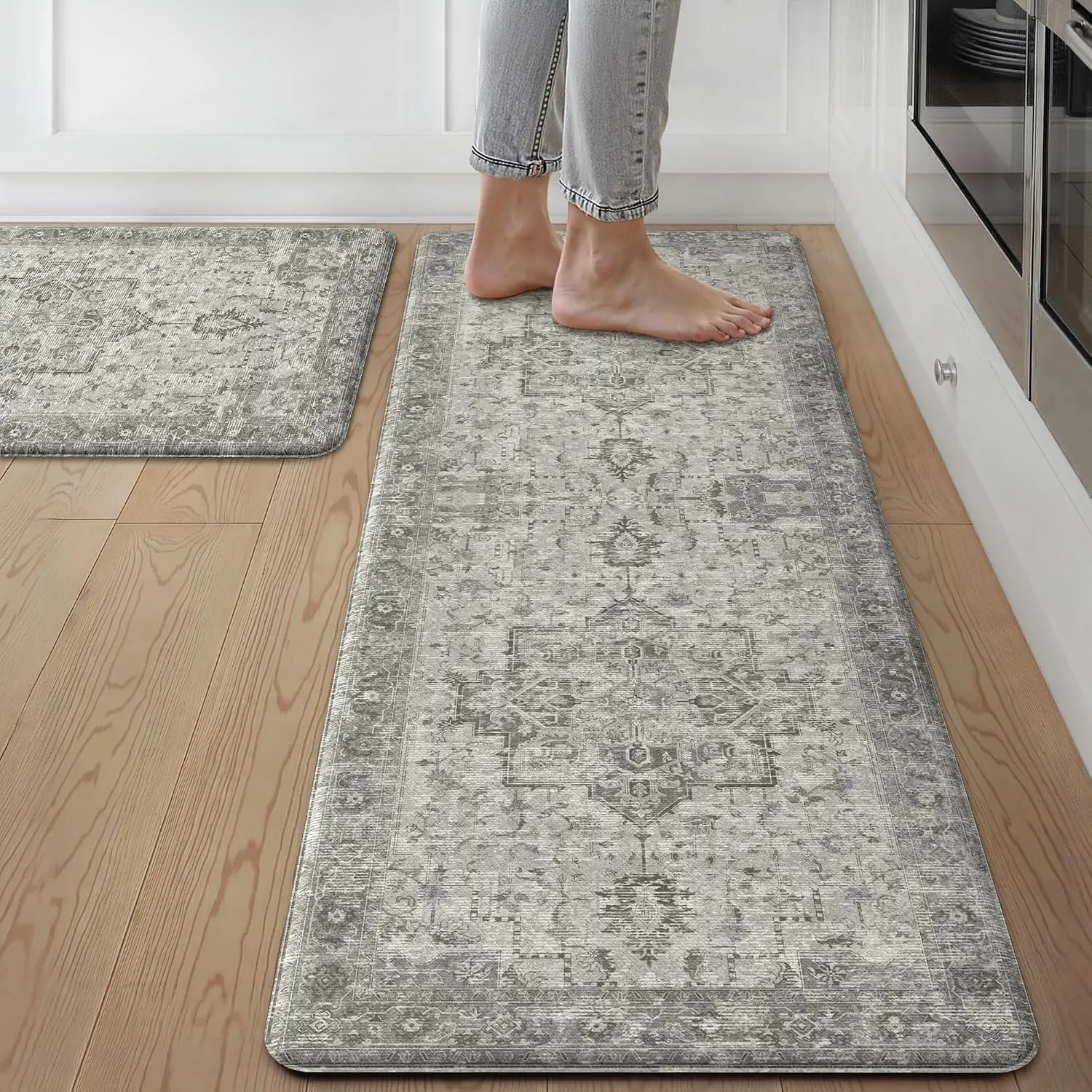 PINSOUL Vintage Gray Kitchen Mat, PVC Cushioned Anti-Fatigue Kitchen Runner Rug, Waterproof Non-Slip Comfort Standing Floor Mat, Easy-Clean Boho Farmhouse Decor for Sink, Stove, Laundry Room, Home Office & Kitchen Essentials