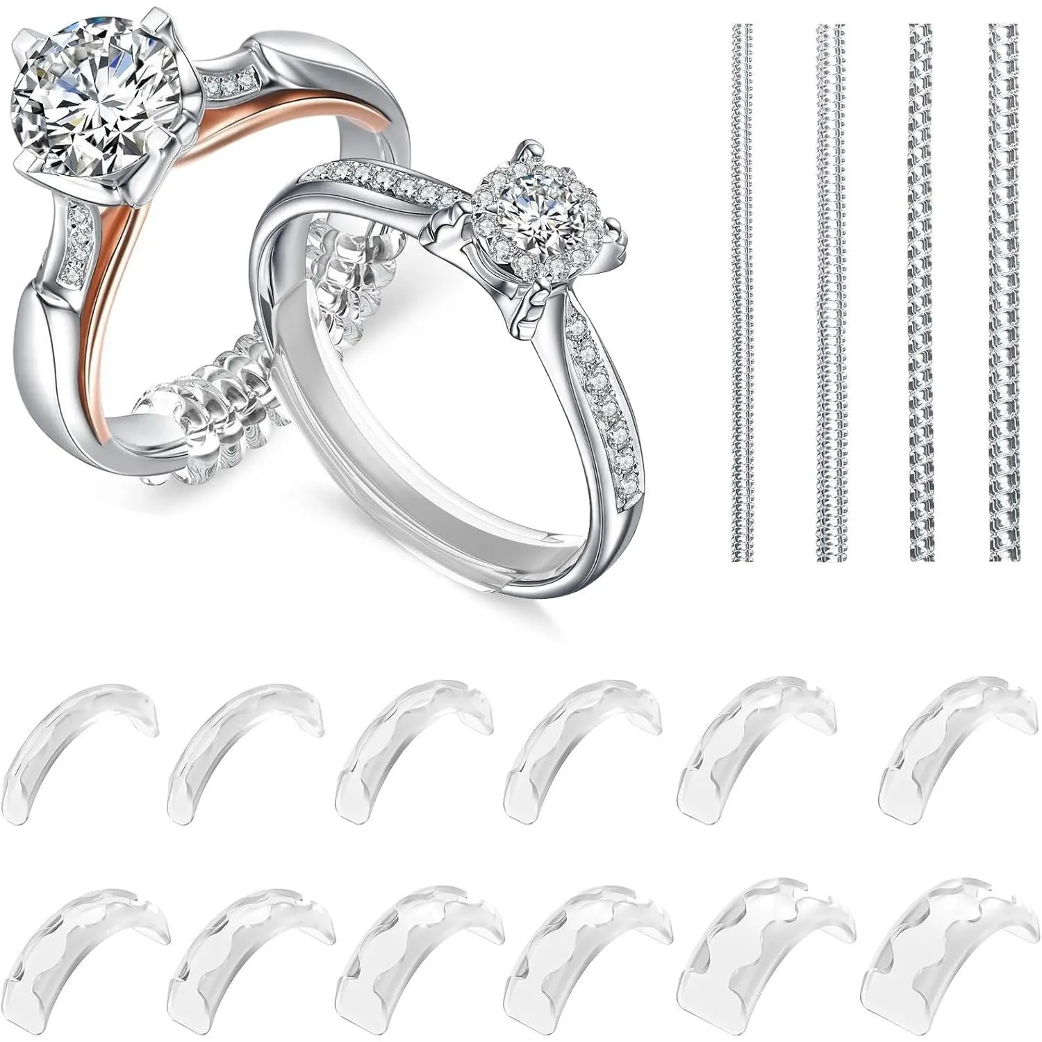Eiito Ring Sizers for Loose Rings, 16 Pack Ring Guards for Loose Rings, Reduce by 0.5-1 Size without Resizing, Fits Bands 1-8mm, Invisible Design for Women and Men, 2 Styles Insert and Spiral