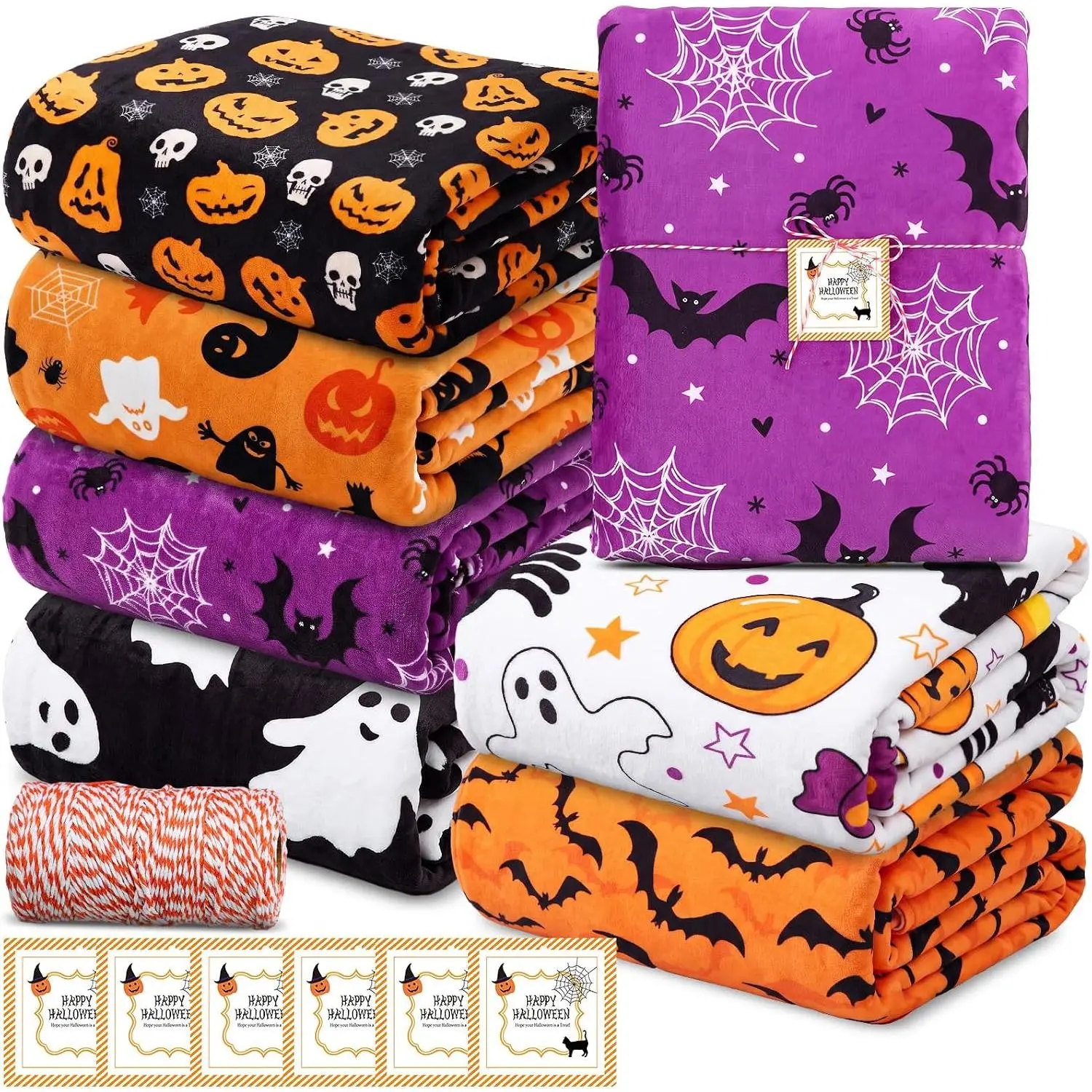Throw Blankets 50x60 Inch, 6 count, Halloween | Soft Fleece Blankets Bulk, 230 Gsm Cozy Flannel, Versatile for Party Bed Sofa Living Room, Halloween Party Favor Set