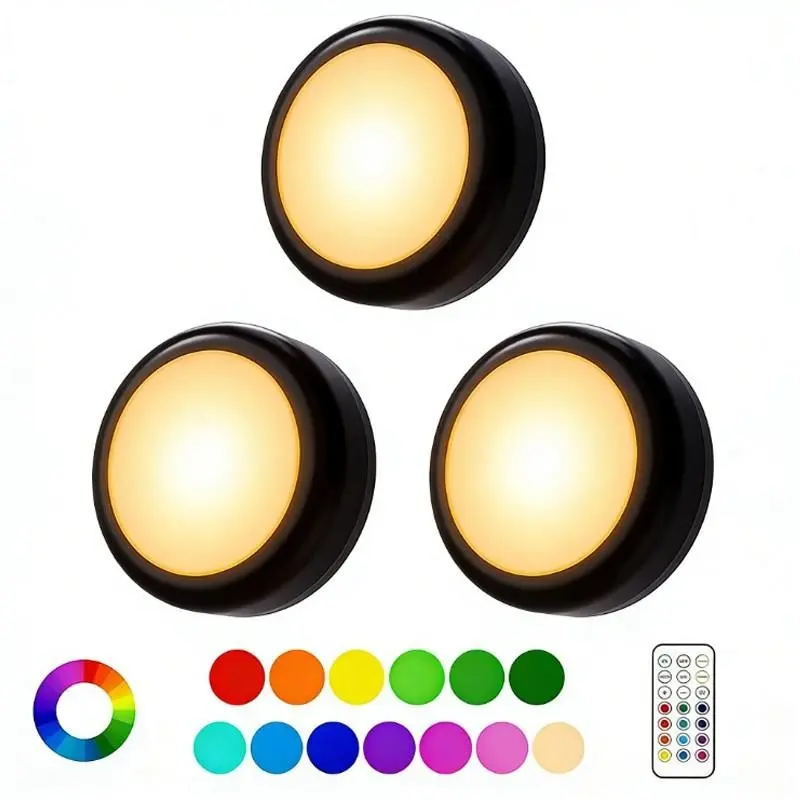 3-Puck LED Lights, 13 Color Changing Adjustable Light Modes Under-Cabinet Lights, Battery Powered Brightness Dimmable Lights with Wireless Remote, Dimmer & Timer, Black, Ideal for Wardrobes, Bedrooms, Kitchens and Bedroom Lighting