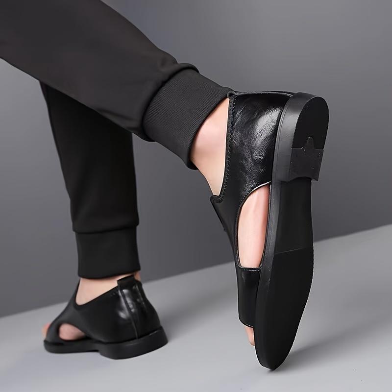 Men's Casual Slip-On Sandals - Black Open Toe Shoes with Rubber Sole, Comfortable for Spring/Summer Outdoor Wear, Strappy Sandals