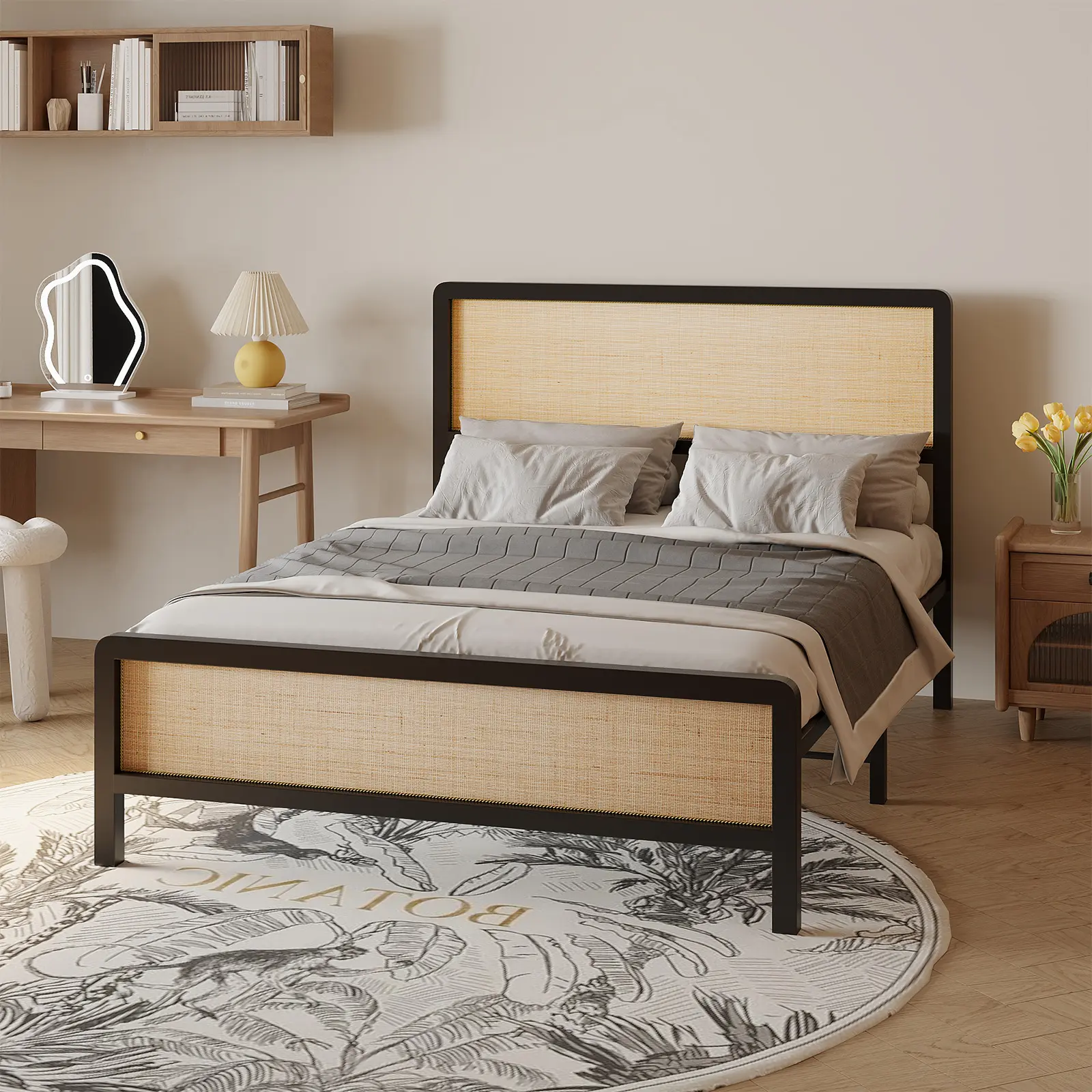 Rattan Queen Size Bed Frame with Natural Rattan Headboard, Boho Platform Bed, No Box Spring Needed, Noise-Free, Easy Assembly
