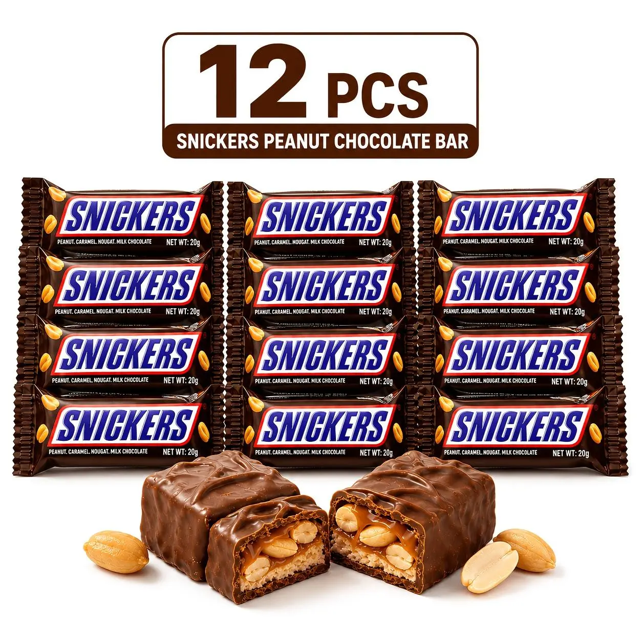 24-Pack/12-Pack, SNICKERS Original Peanut Butter Mini Milk Chocolate Bars, Hunger-Relief Energy Bars, Peanut Chocolate Candy