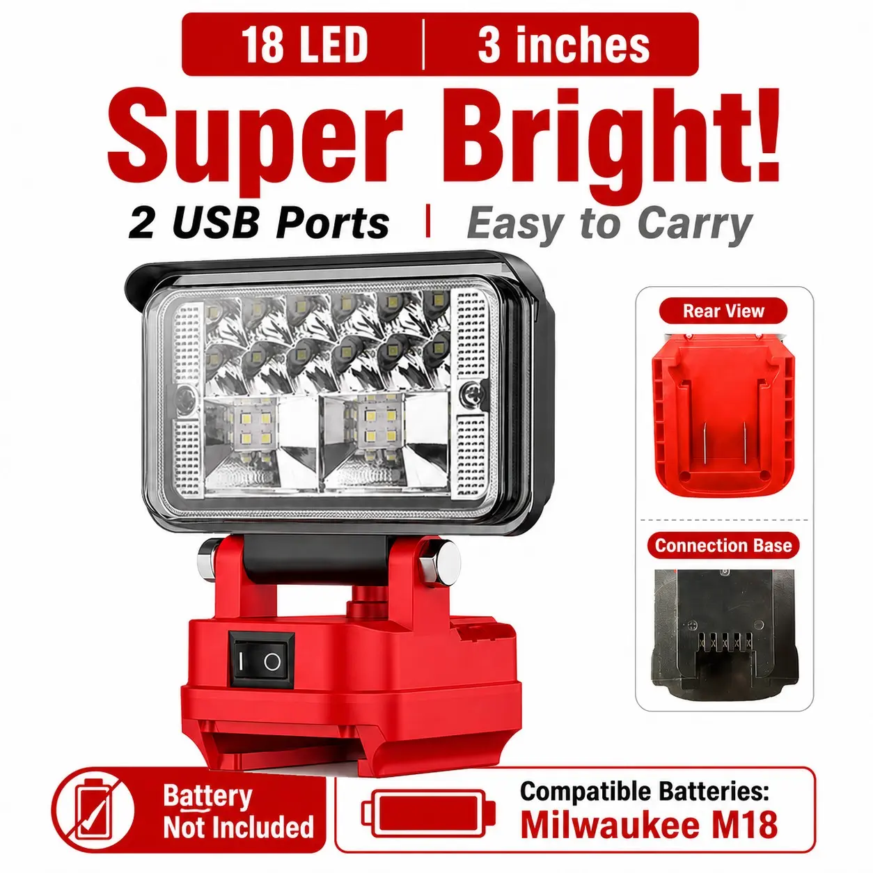 Wireless LED Work Light for Milwaukee 18v Battery, 10w 1200lm Wide Beam, Dual USB Charging Ports, Ideal for Emergency, Workshop, Garage