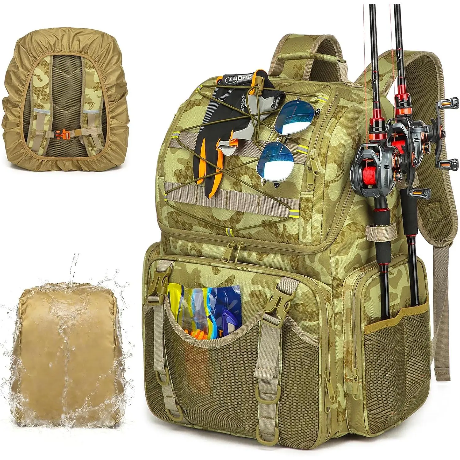 Fishing Backpack, 45L Large Cooler Fishing Tackle bag with Rod Holders & Rain Cover, Water-resistant Store Gear (Khaki Camo)