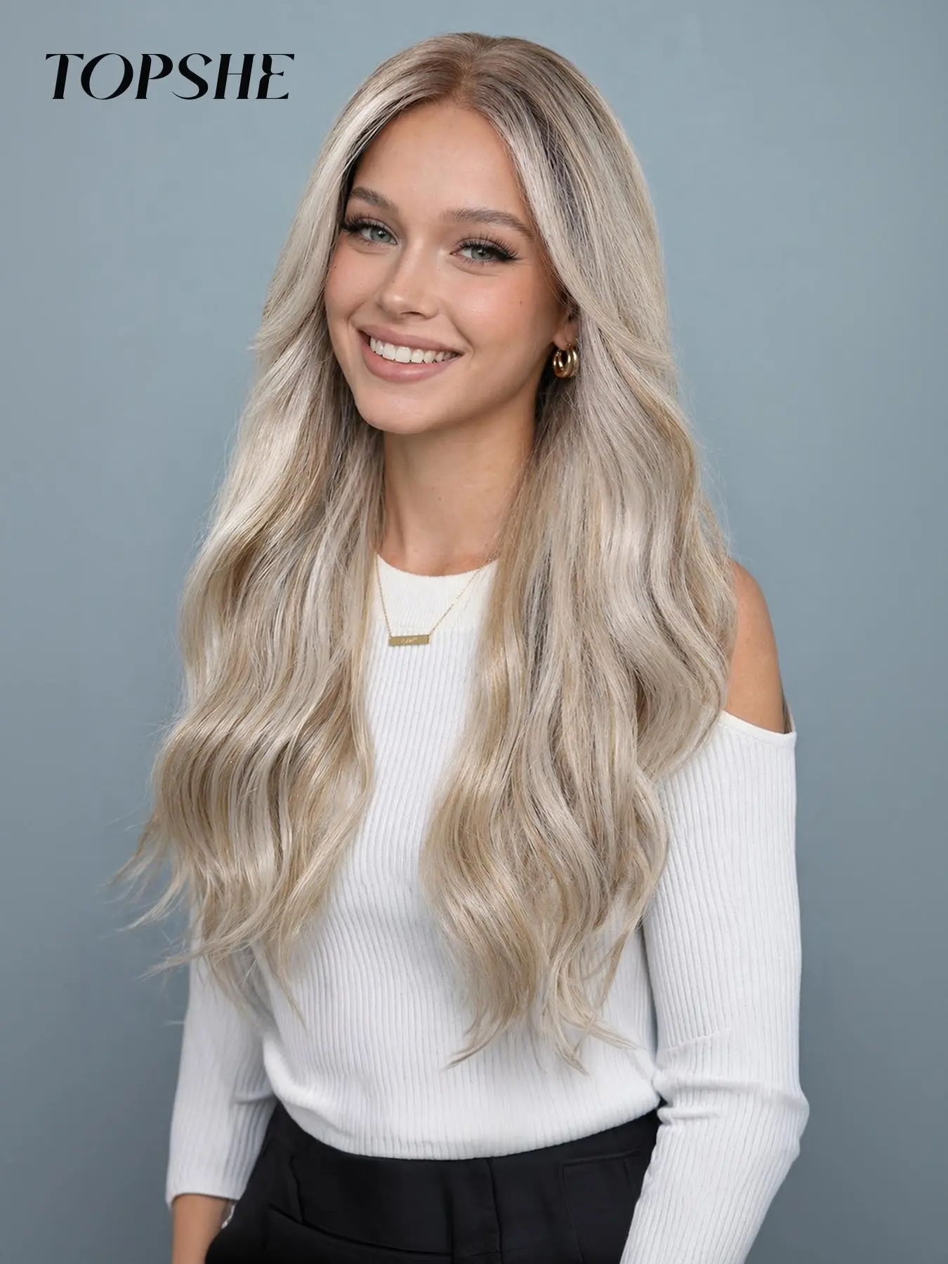 Topshe Long Wavy Wig, 24 Inches Transparent Lace Front, Gold Highlights, Heat Resistant, Perfect Gift for All Seasons
