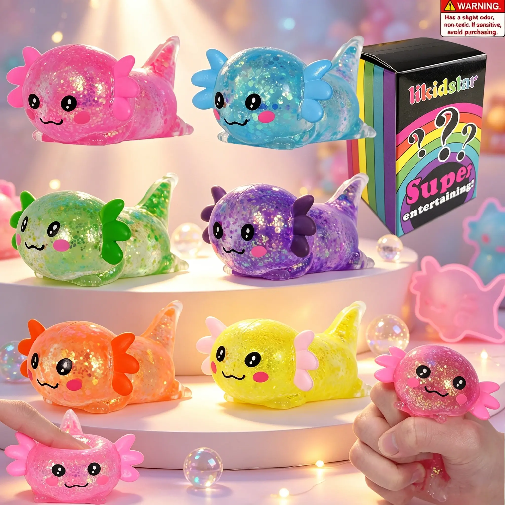 6pc Axolotl Squishy Stress Relief Toy Glitter Fidget Toys Cute Malt Sugar Axolotl Toy Fidget Toys for Kids Youth Adult, Party Favors Anxiety Relief Squishy Toys, Gift Box