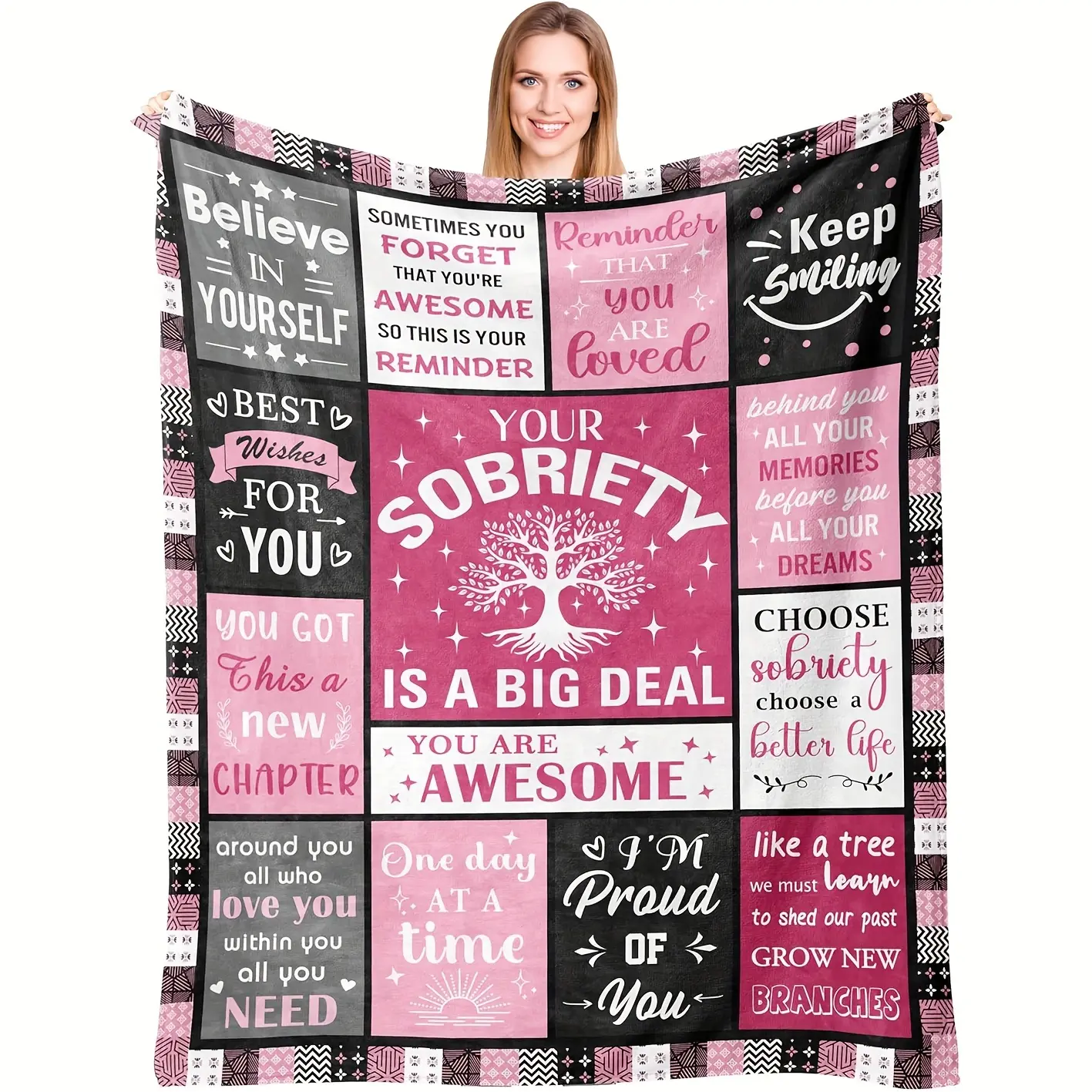 Sobriety Encouragement Throw Blanket,Your Sobriety Is A Big Deal Inspirational Quotation Flannel Blanket,Positive Affirmation Tree Graphic Comfort Blanket,Meaningful Recovery Gift for Women,Sober Anniversary,Present to Encourage Sobriety Journey