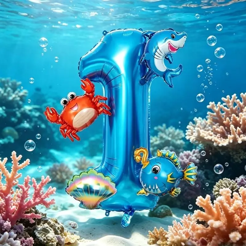 7-Piece Ocean Animal Theme Birthday Balloon Set, Includes 32-Inch Blue Number Foil, Mini Shark, Lantern Fish, Crab, Colorful Shell Balloons，Suitable for birthday parties, ocean/underwater-themed birthday celebrations, beach parties, pool parties