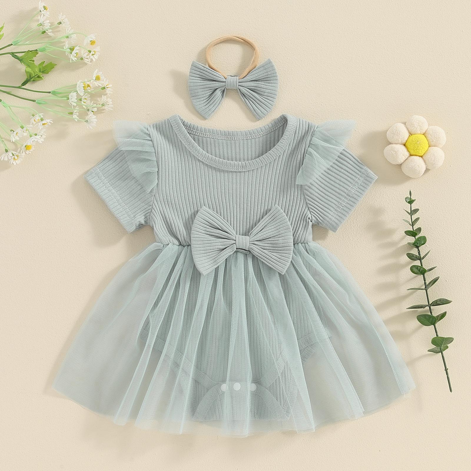 Newborn Baby Girl Summer Romper Dress Bow Lace stripe Ruffle Short Sleeve Romper Bodysuit with Bow Headband Summer Outfits