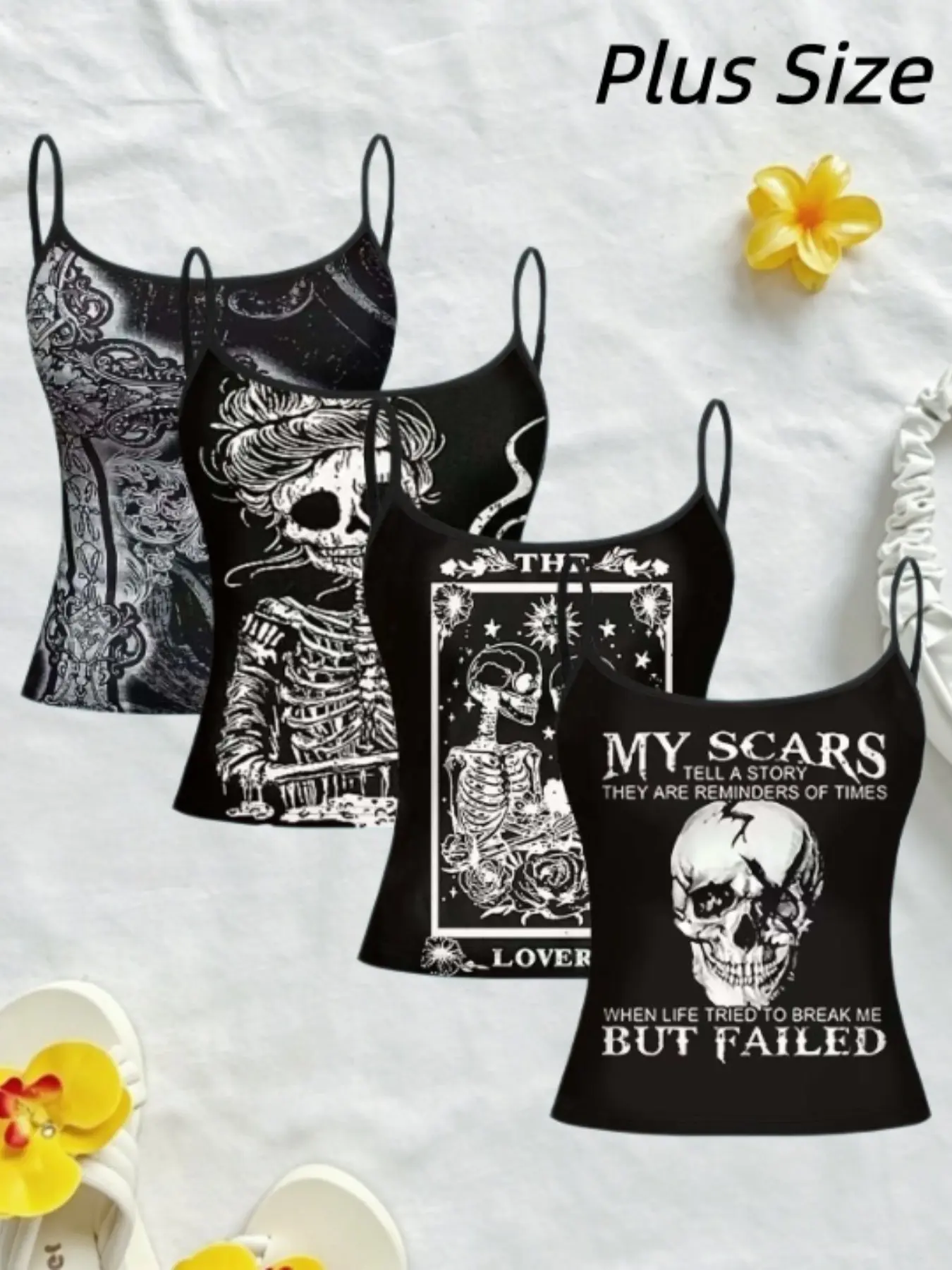 Large Size Simple Gothic American Retro Cool Dark Skull Thin Spaghetti Strap Vest Set, 4-Piece Casual Slim-Fitting All-Over Print Top, Strappy Camisole