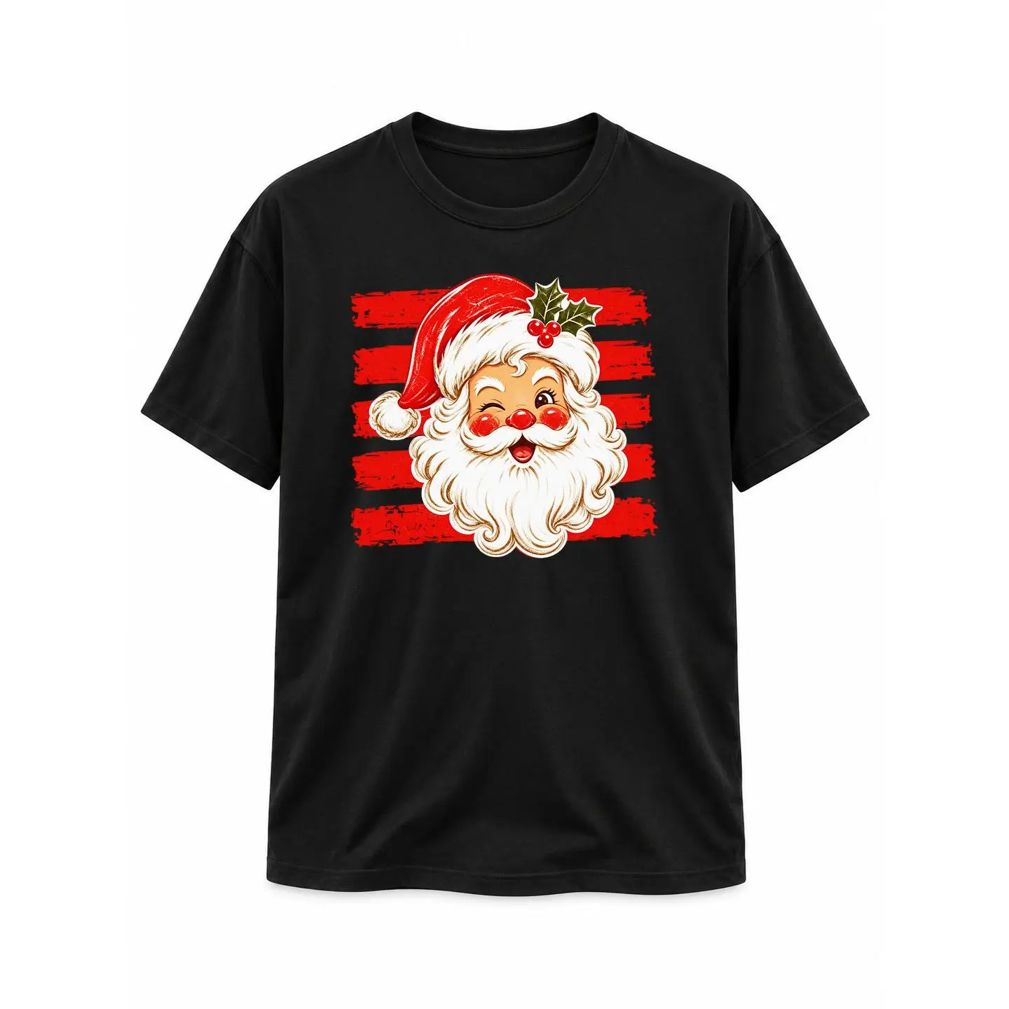 Vintage Winking Santa Christmas Graphic T-Shirt, Retro Santa Claus Red Stripe Tee, Cute Funny Holiday Shirt, Festive Xmas Party Outfit, Unisex Black Short Sleeve Printed Top