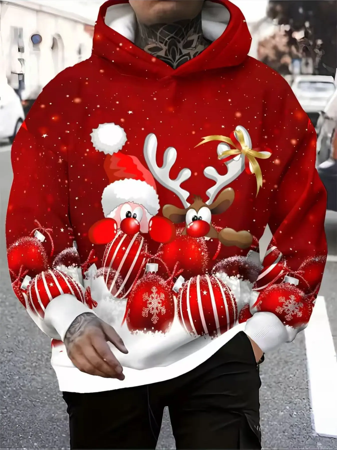 Men's Christmas Hoodie - Christmas Hat and Reindeer Pattern Pullover, Red Holiday Sweater, Fashionable Pattern Sportswear for Christmas Parties, Winter Casual Clothing - Men's Clothing Gift, Full Print Design, Christmas Gift