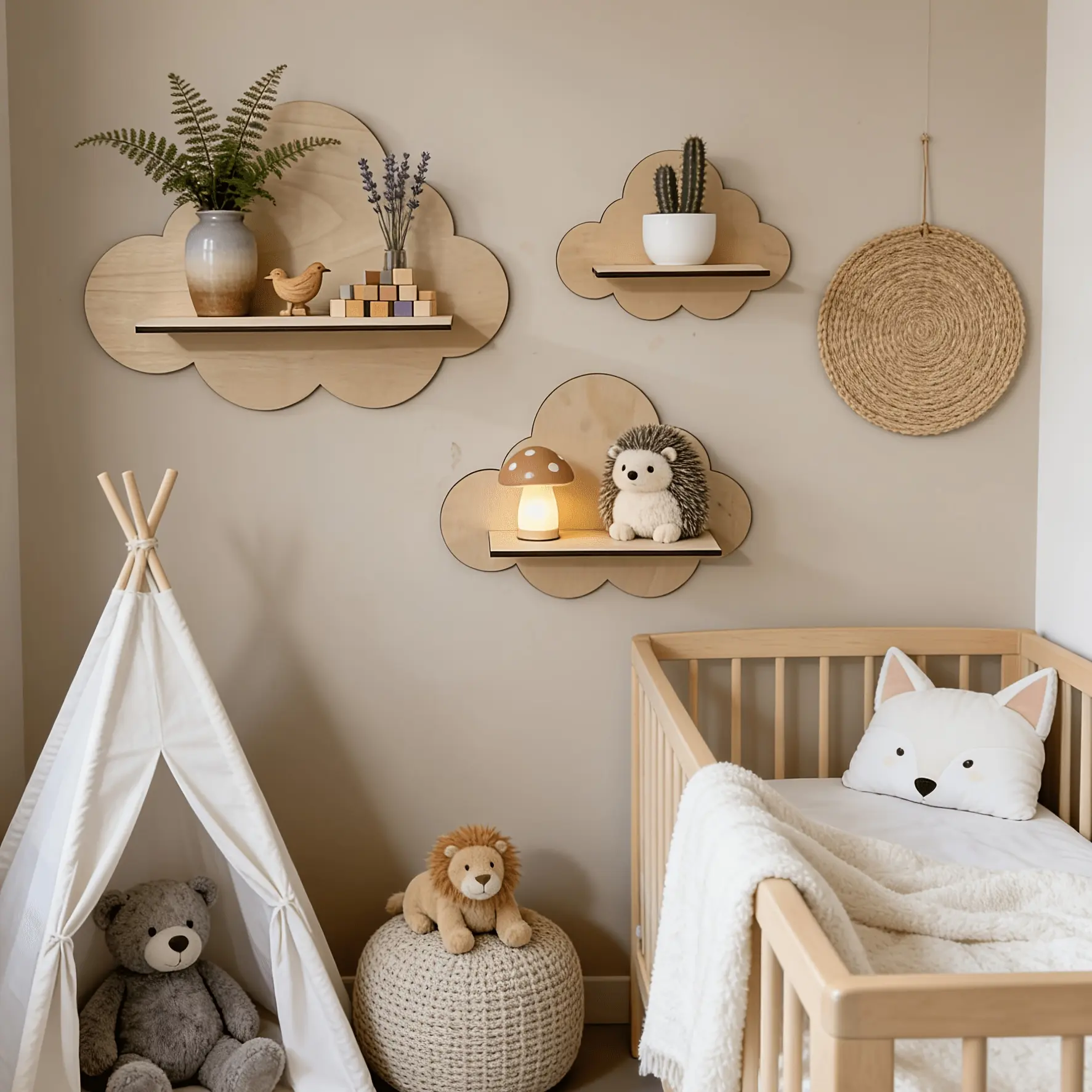 3 Pcs Natural Wood Cloud-Shaped Wall Shelves, Nordic Style No-Drill Space Saving Design Wall Storage Racks, Decor Organizer for Living Room & Bedroom