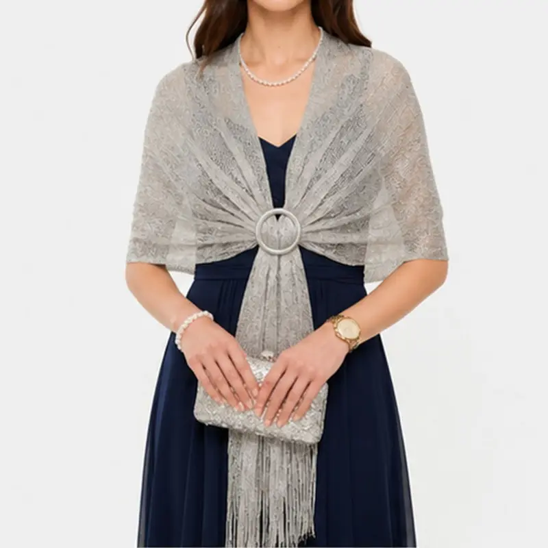 Women's Metallic Shawl Wrap with Scarf Buckle and Fringe for Weddings and Evening Parties