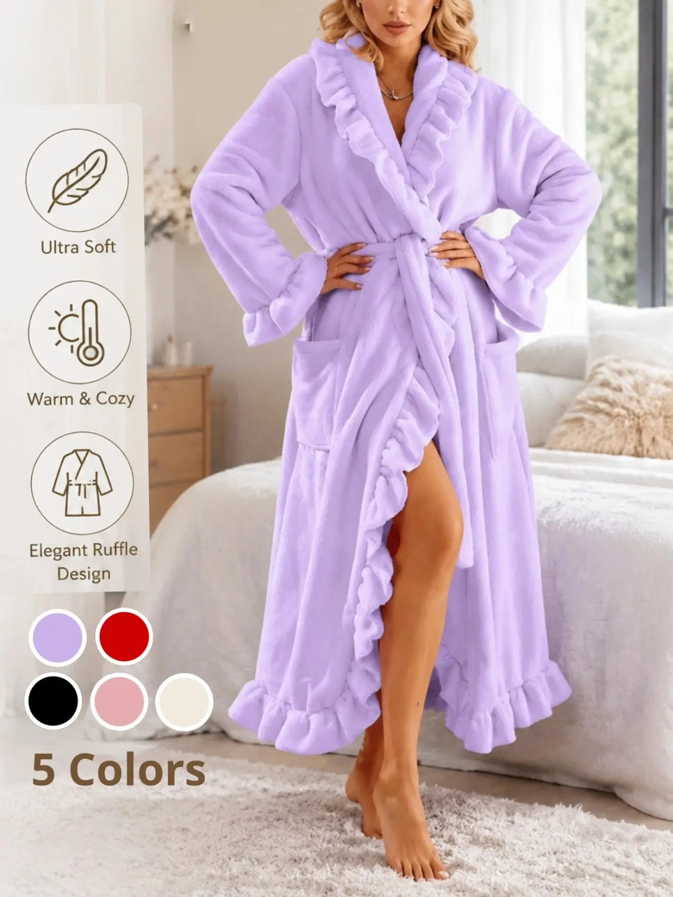 S-XL，Soft Fluffy Ruffle Belted Robe for Women, Elegant Long Bathrobe with Belt & Pockets, Cozy Home Lounge Dress，Perfect for fall and winter—the ideal gift choice
