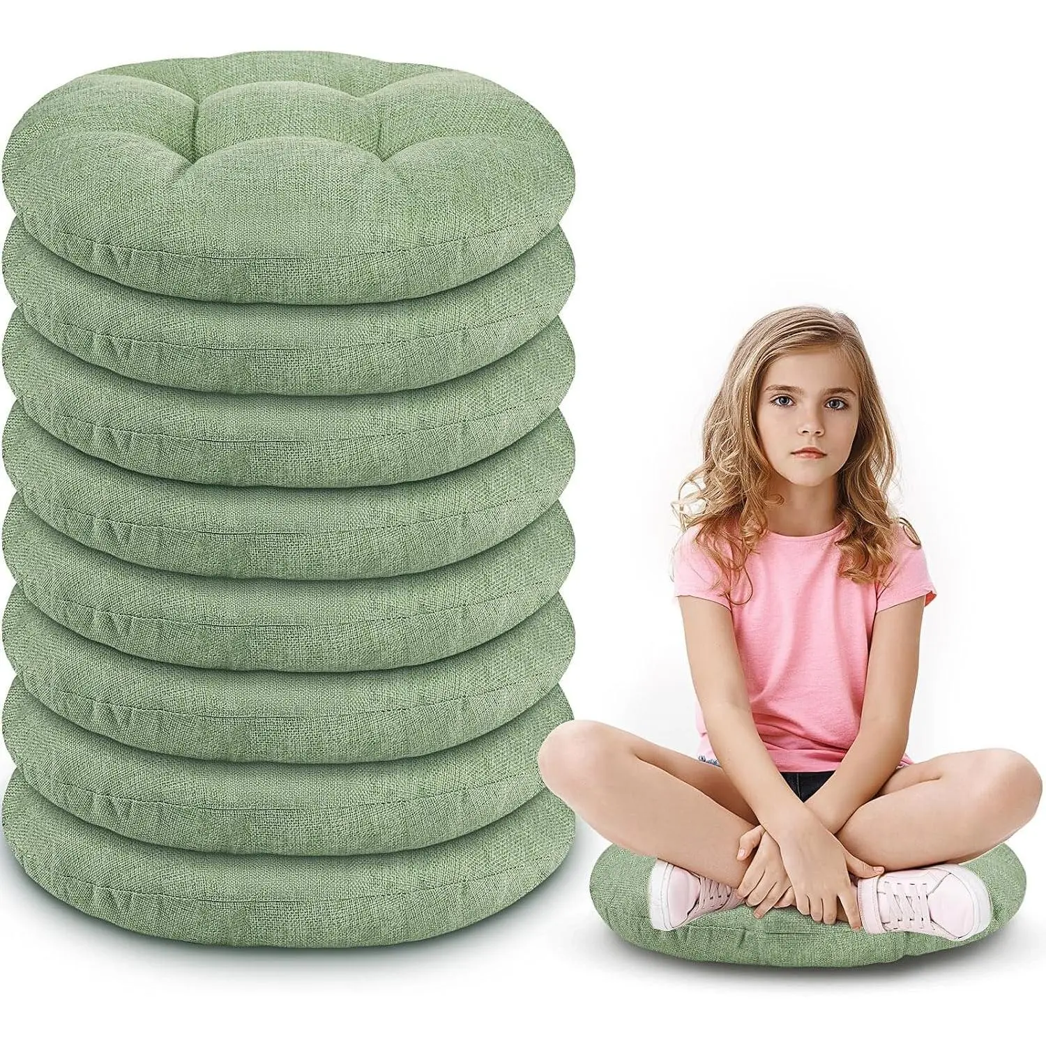 8 Pcs 16 Inch Round Floor Cushions for Kids and Toddlers, Flexible Seating Floor Pillow for Home, Daycare, Preschool, Yoga and Meditation (Green)