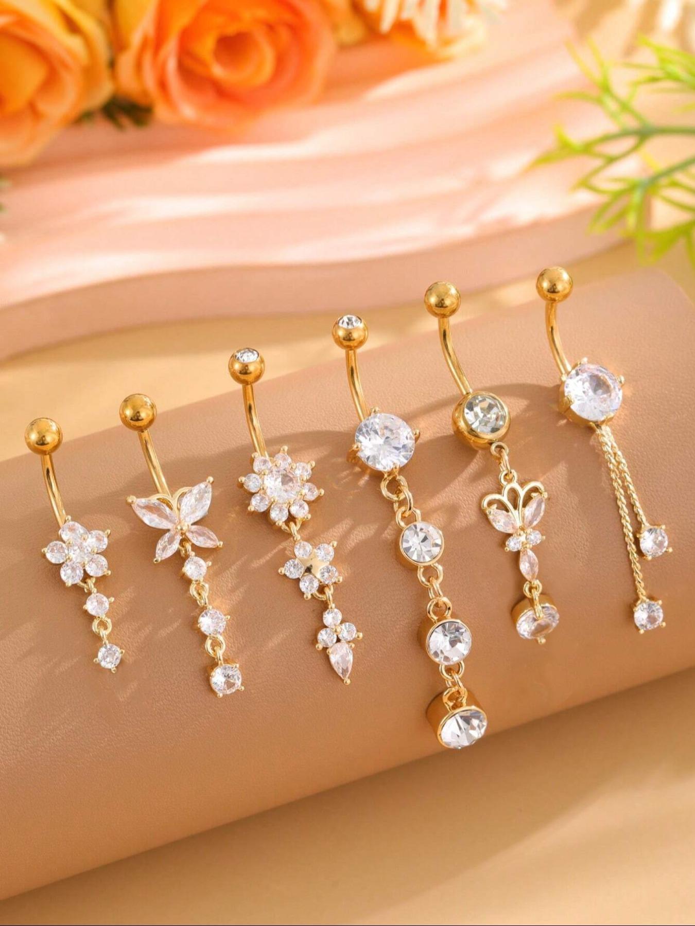 Women's Elegant Butterfly & Flower Design Belly Rings, Stainless Steel Belly Button Rings, Cute Trendy Belly Piercing Jewelry, Fashion Body Jewelry for Party & Daily Decor