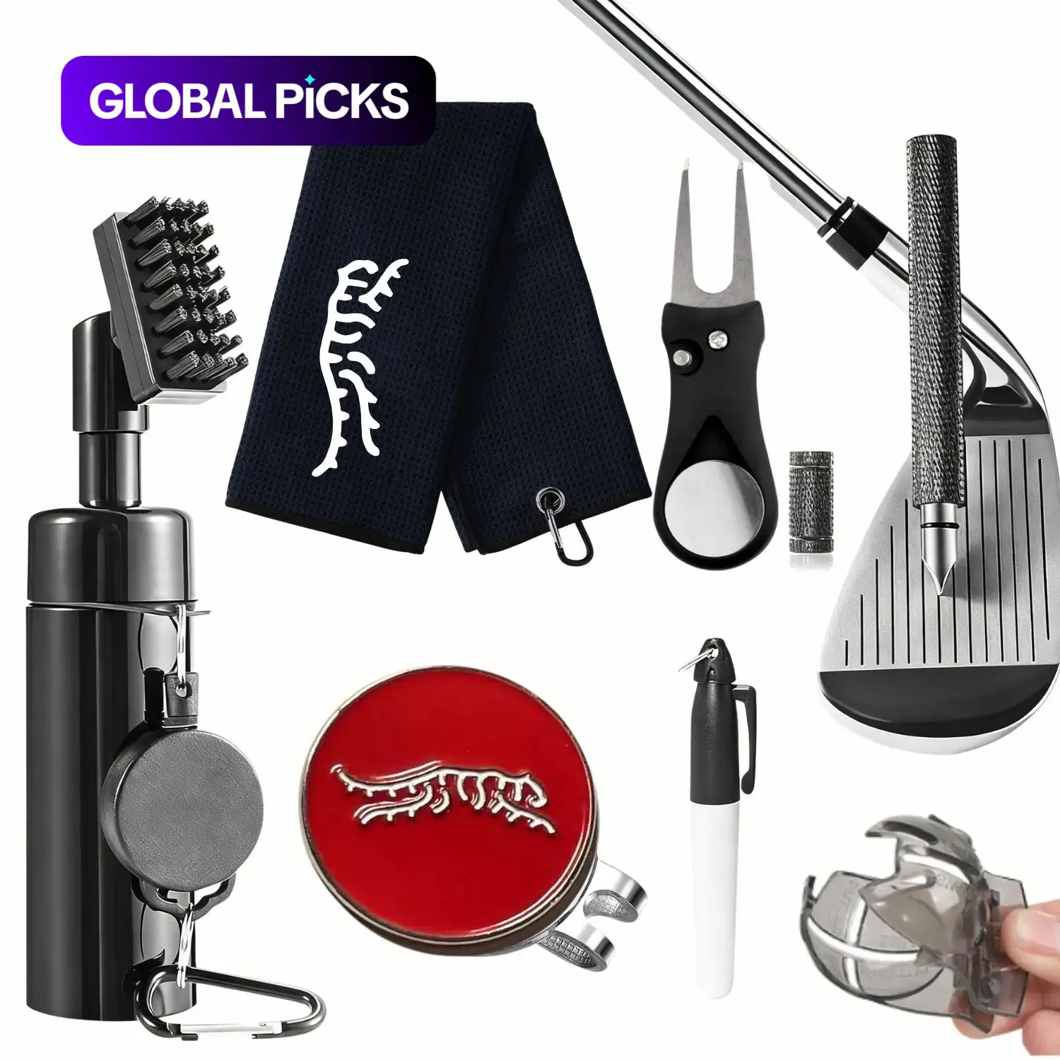 Golf Club Cleaning Kit, Includes Club Cleaner, Towel, Divot Repair Tool, Groove Sharpener & Ball Alignment Kit, Golf Accessories for Women & Men, Golf Gift Sets, Golf Gear #GLOBAL PICKS