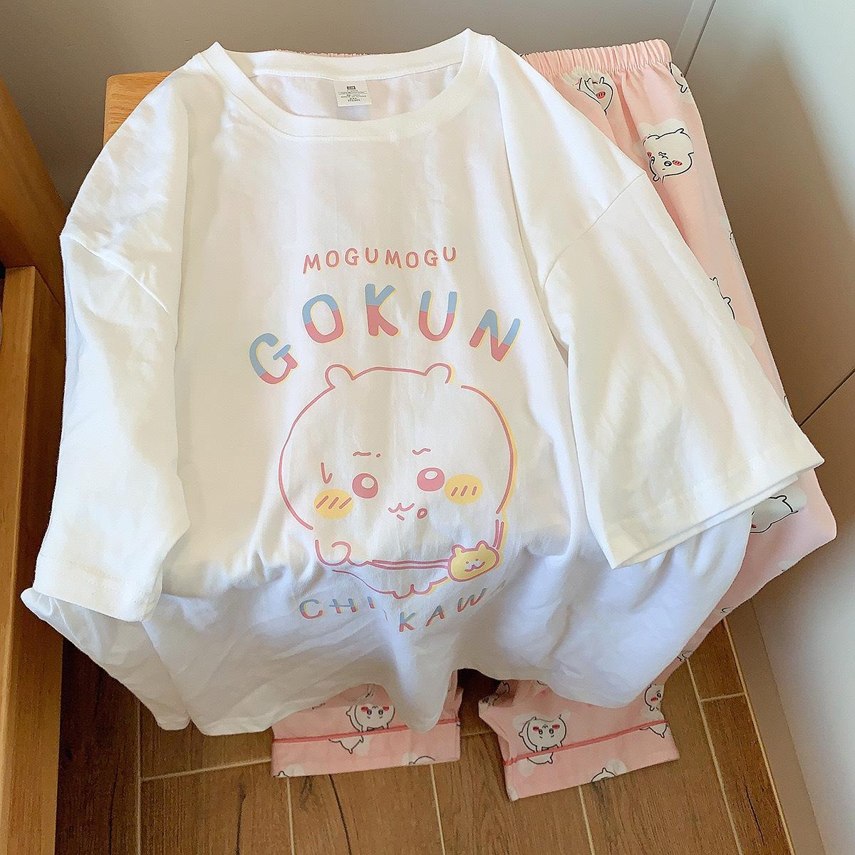 Anime Usag Hachiware Summer thin pajamas round neck Loose long-sleeved shirt and pants Cute cartoon pattern household clothes