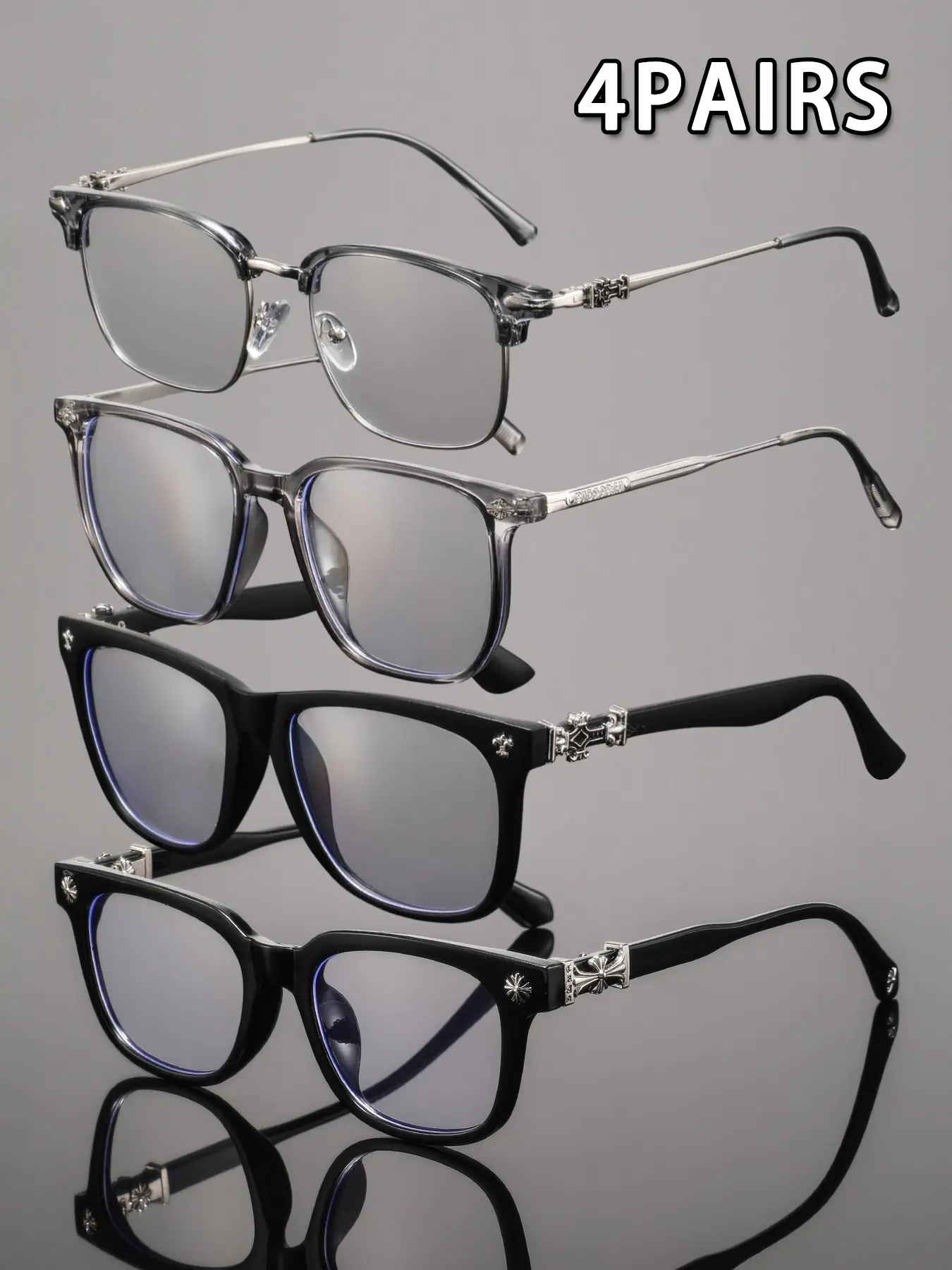 4 Pairs Men's Plastic Square Rice Pins, Elegant and Luxurious American Casual Style, Fashion Eyewear Set for Daily Use, Square Eyeglasses