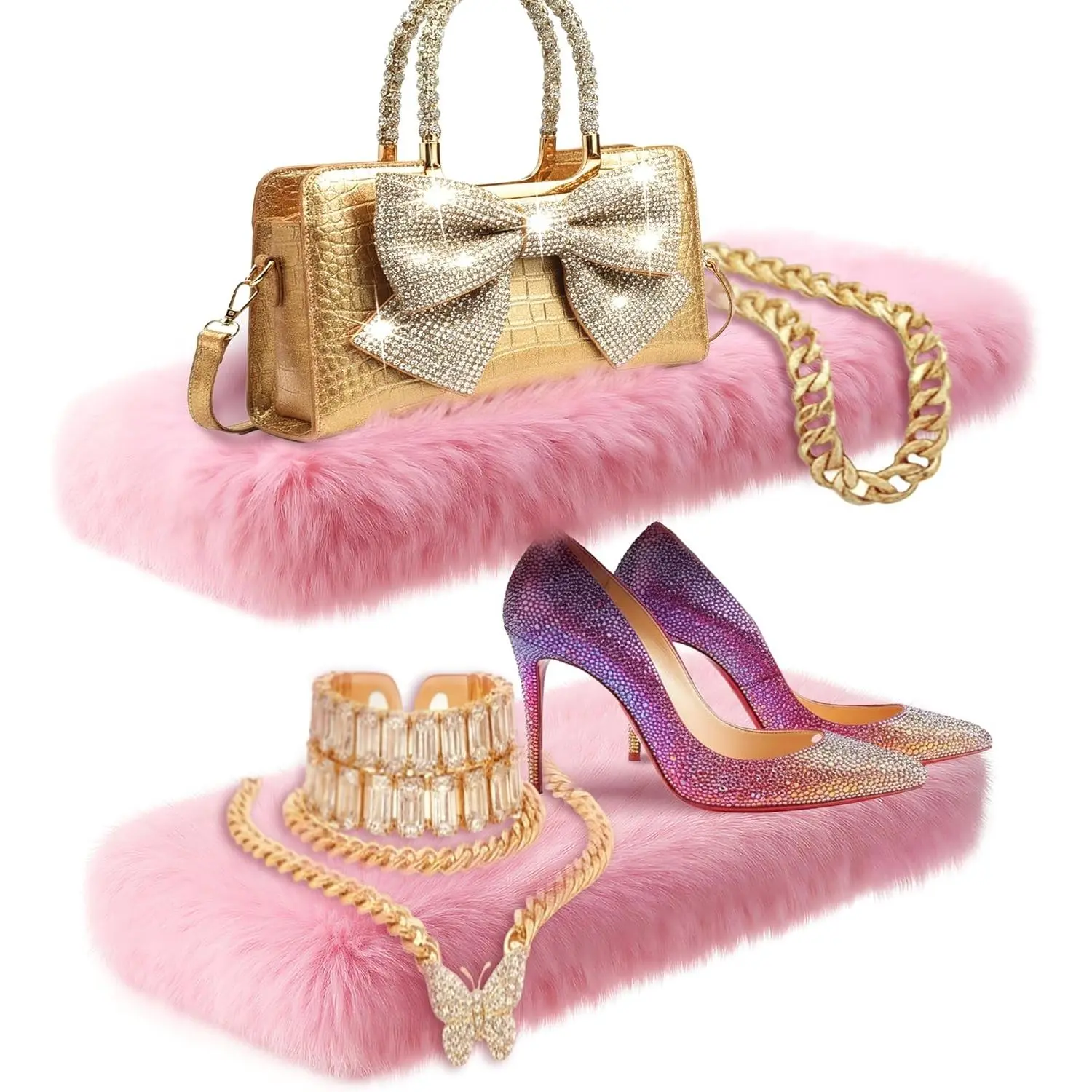 2 Pack Pink Floating Shelves for Wall, Wood Shelf with Fluffy Soft Pink Shag Cover,Wall Mounted Shelves for Bedroom, Living Room, Suitable for Storing Valuable Collectibles,Purses,Handbags,High Heels