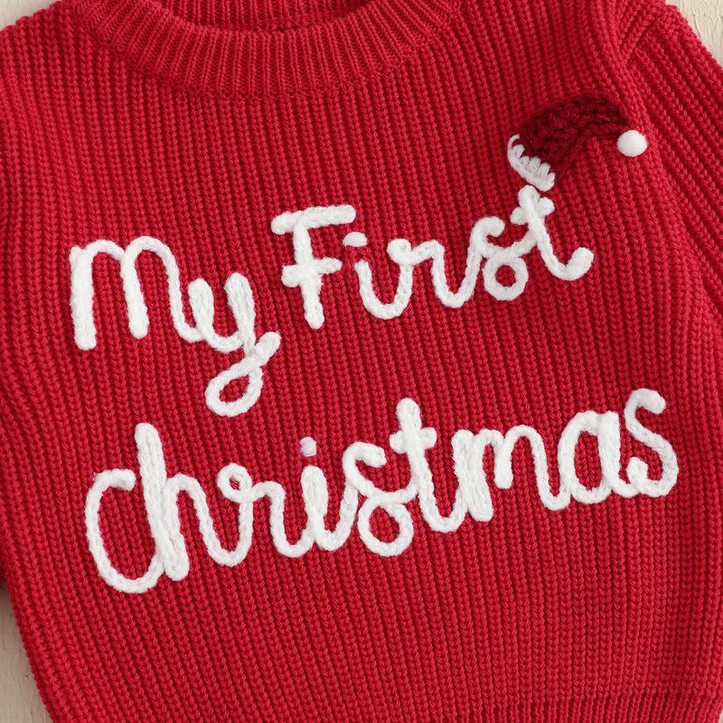 Infant Baby Girls Boy Knit Sweater Christmas Hat and Letter Embroidery Crew Neck Pullover Long Sleeve Tops 0-18 Months
