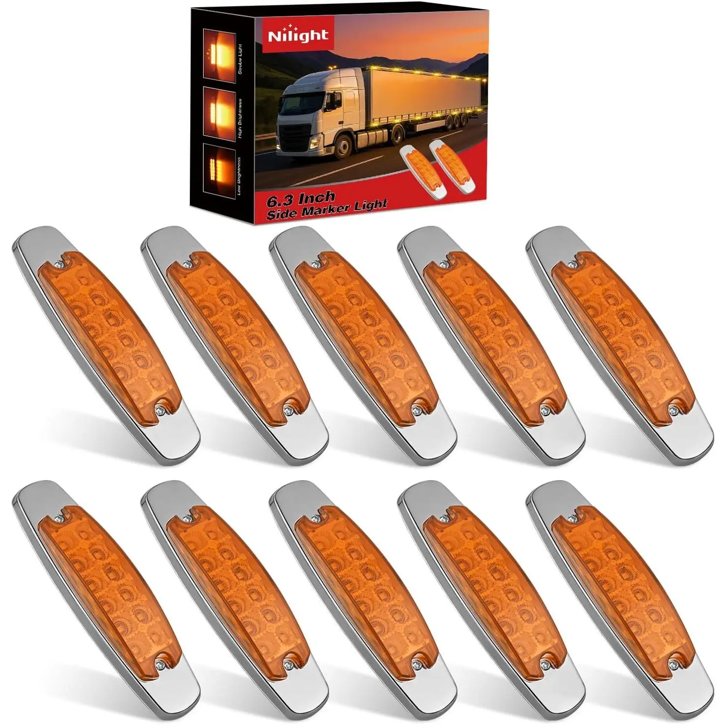 Nilight 10-Pack 6.3in Rectangle Amber LED Side Marker Lights - 12-LED 3-Function (High/Low/Strobe), IP67 Waterproof Polycarbonate, Stainless Steel Chrome Bezel, 12V Surface Mount for Truck, Boat, Industrial Equipment, Exterior Light Bulb Kit