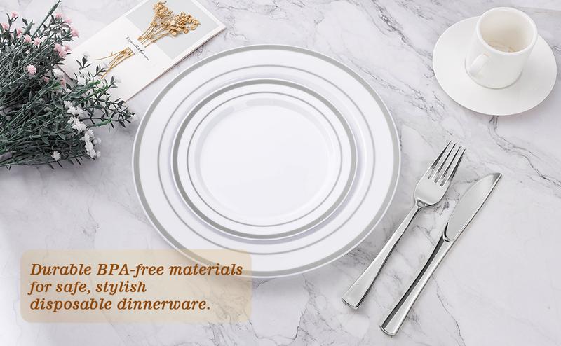 BESTVIP 100PCS 7" Silver Plastic Dessert Plates – Heavy Duty Disposable Plates with Elegant Silver Rim, Perfect for Cakes, Desserts & Salads, Ideal for Weddings, Parties, Birthdays, Christmas & Thanksgiving