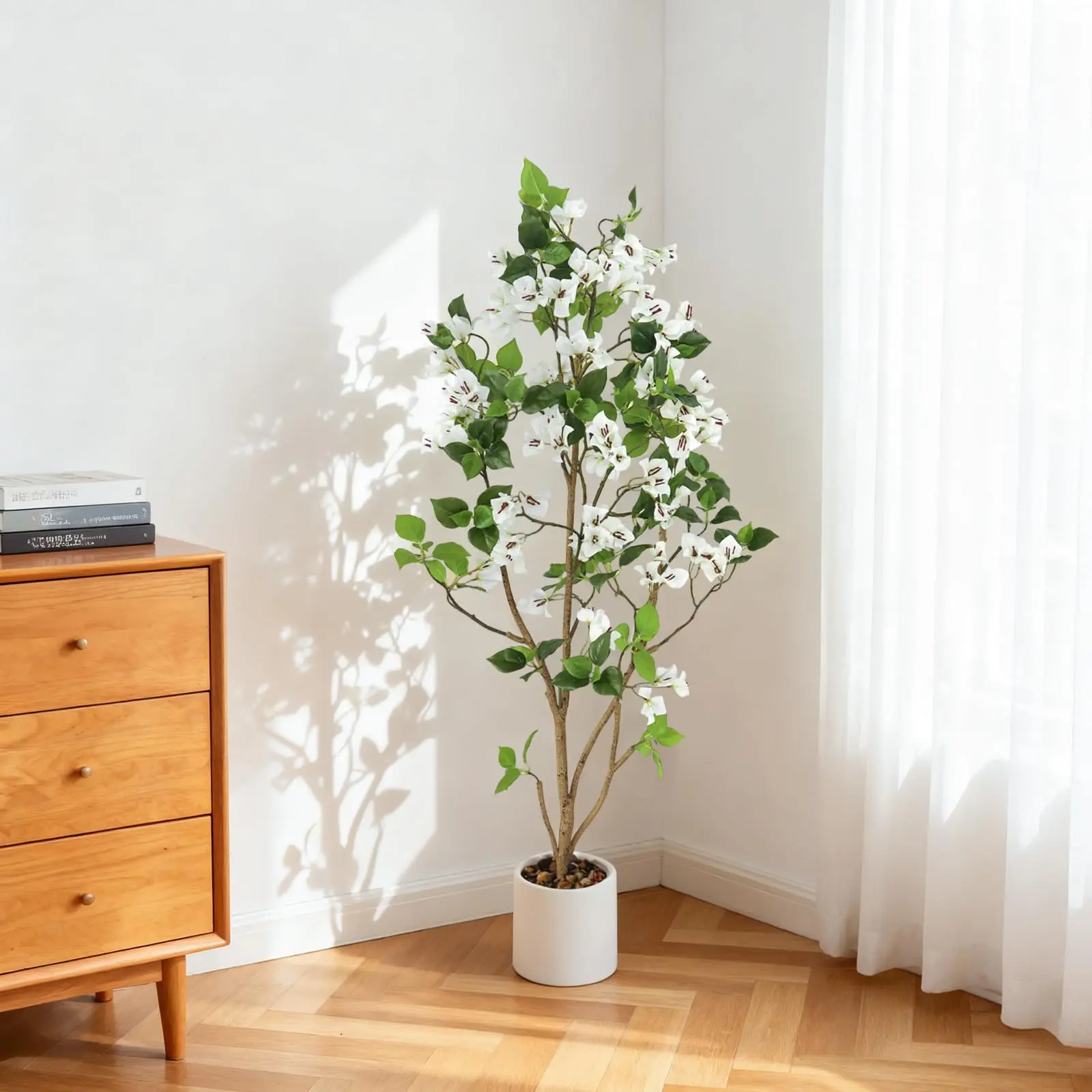Lifelike Bougainvillea Artificial Tree –  Faux Silk Flower Plant in White Pot – Realistic Three-Pronged Fine Sticks