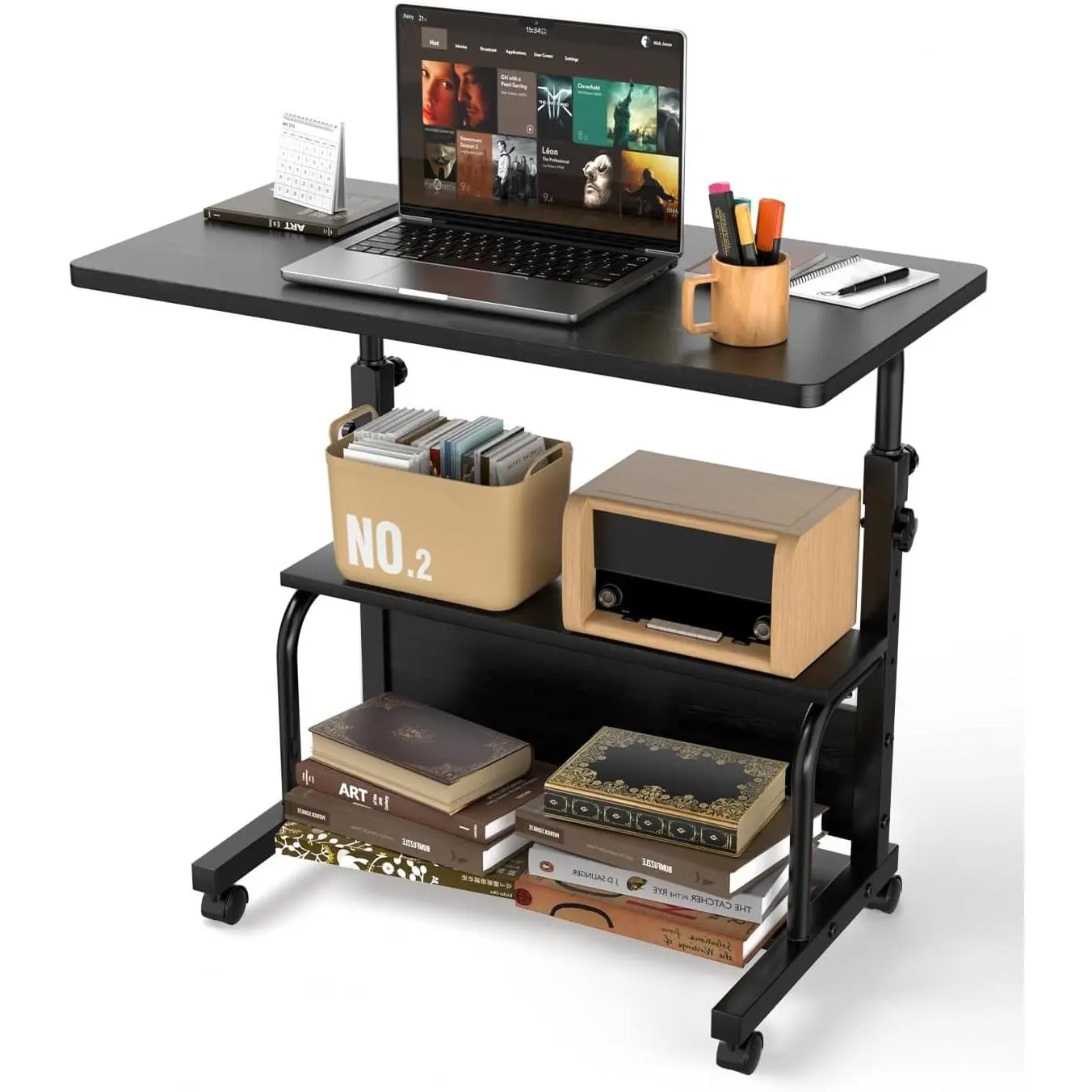 Portable Rolling Desk on Wheels Adjustable Height Desks for Small Spaces, 32" Computer Desk Drafting Tables with Storage Shelves for Home Office Black