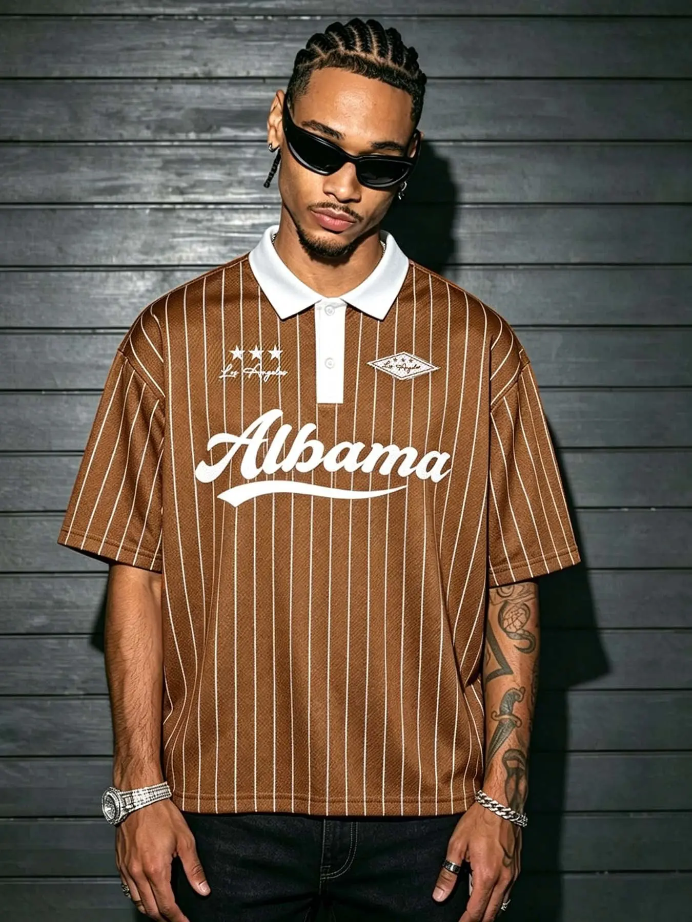 Men's burgundy striped Alabama letter oversized Vintage Polo shirt, loose street-style baseball jacket, breathable mesh retro hip-hop top, casual summer outfit, trendy Y2K skateboard shirt