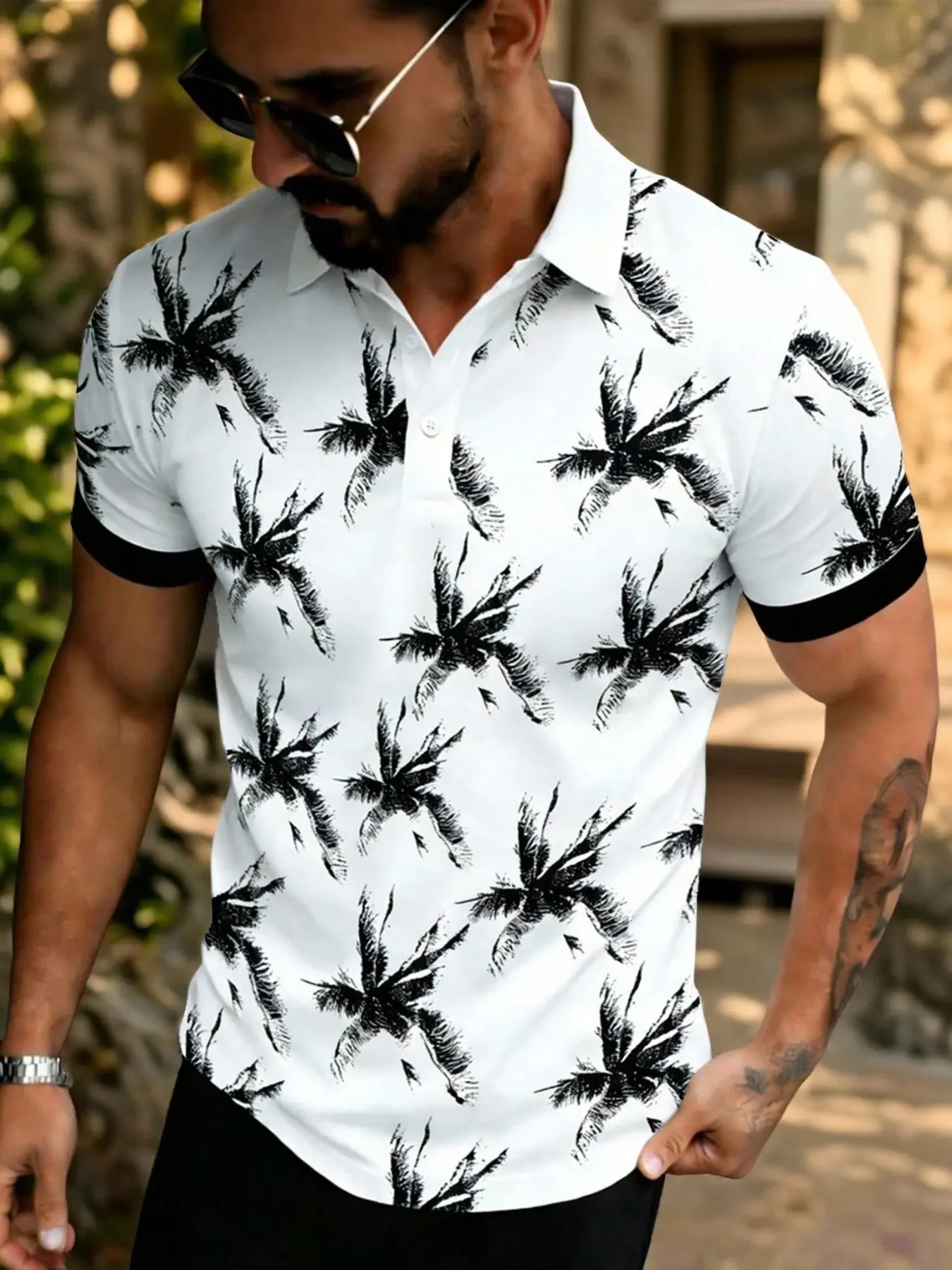 Men's Palm Tree Print Short Sleeve Polo Shirt, Contrast Sleeve Collar Button Up Top, Beach Vacation Casual Trendy T-Shirt