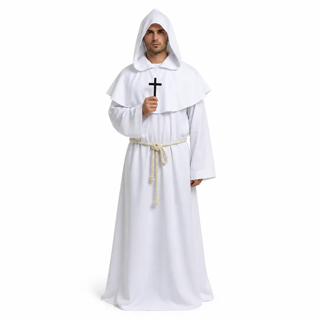 White Medieval Monk Hooded Robe Costume, Friar Long Robe with Rope Belt & Cross Necklace, Vintage Priest Tunic Outfit for Halloween, Cosplay, Renaissance Fair & Themed Photoshoot Cape Classic