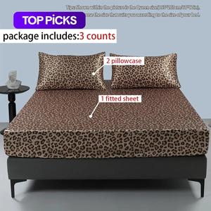 satin leopard print bedding set, 3 counts including 1 count soft comfortable fitted sheet & 2 counts pillowcase without filler, bed linens, room accessories bedding supplies for home hotel, comfy bed sets