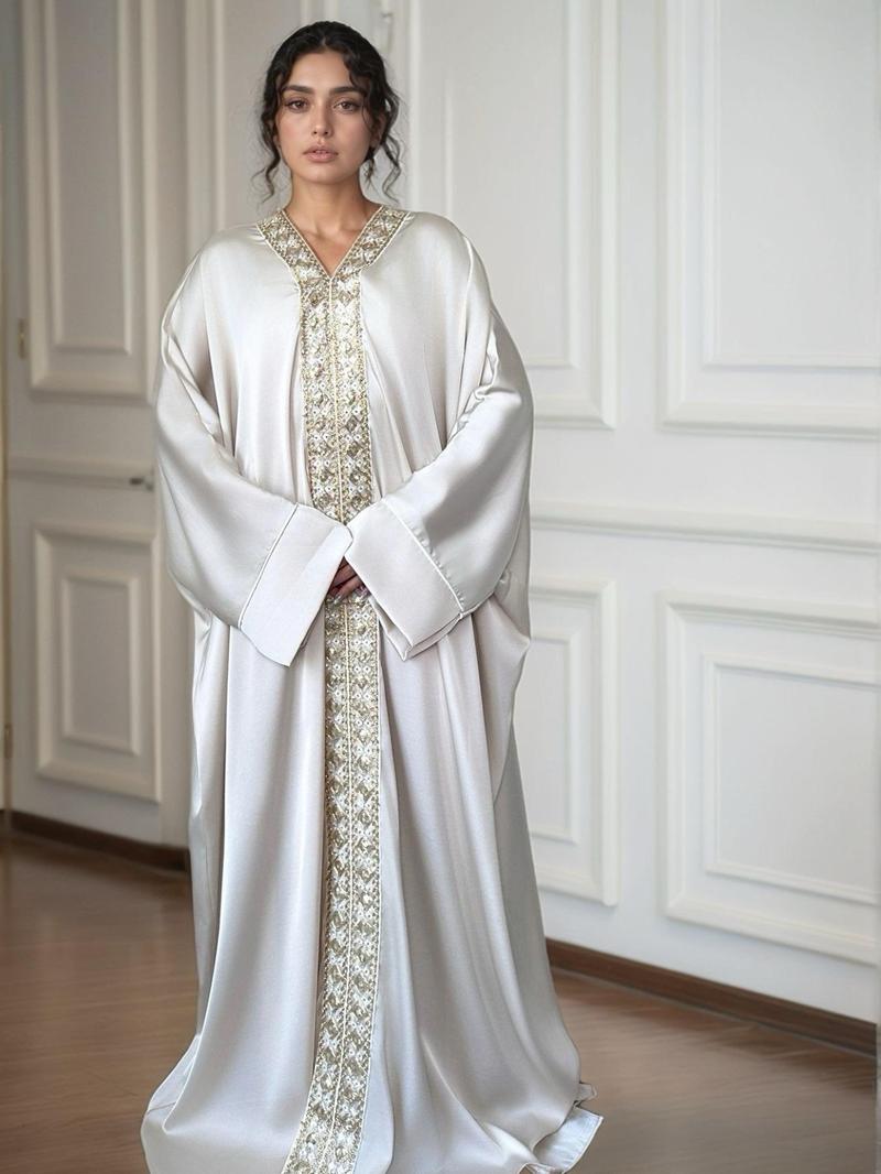 Women's Lace Embellishment V Neck Abaya, Modest Long Sleeve Maxi Dress for Party Wedding Guest, Ladies Islamic Clothing for All Seasons, Modest Muslim Outfits