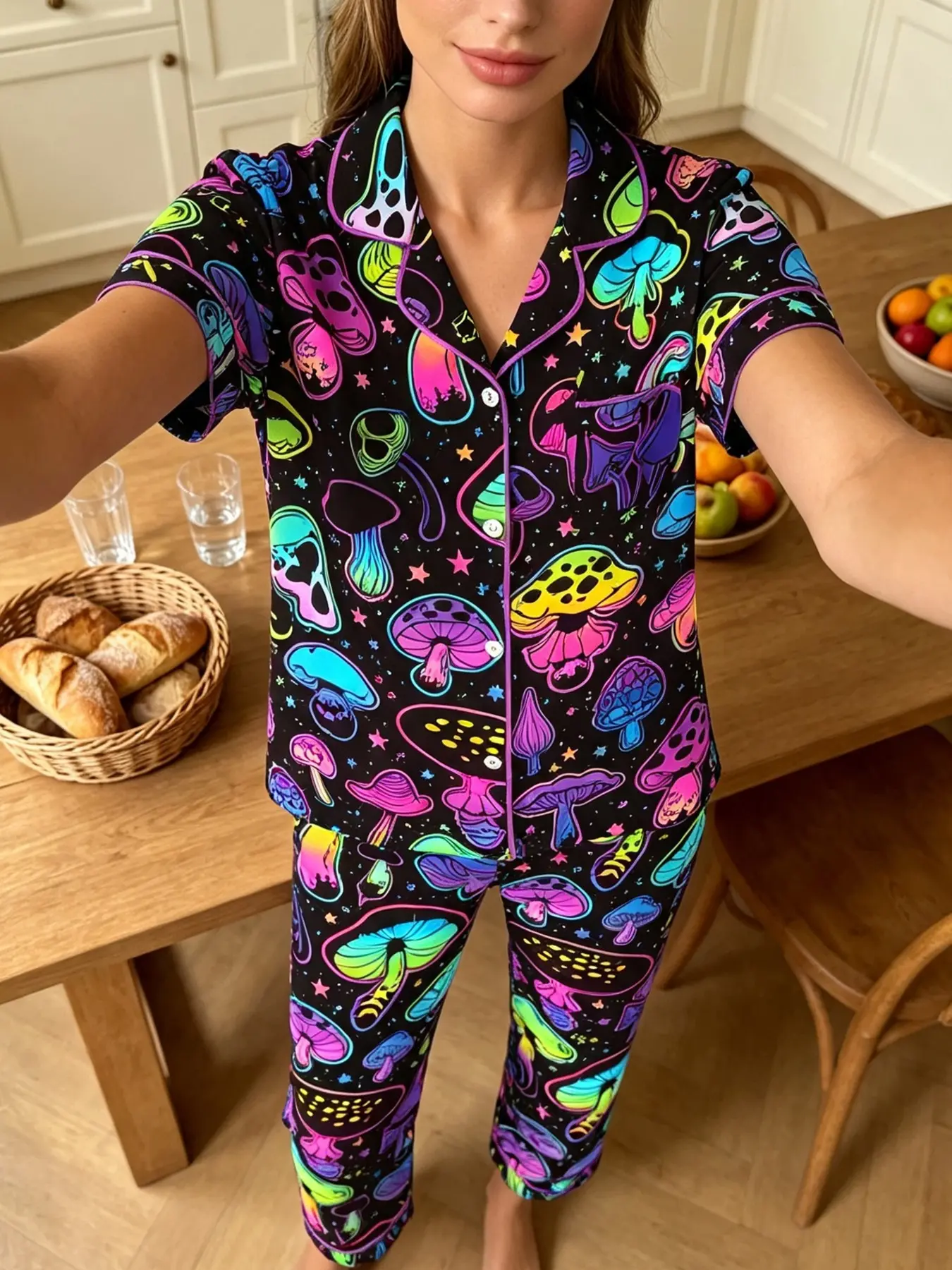 Women's Short Sleeve Pajama Set, Ankle Length Slim-Fit, All over Print, Casual Home Wear, Two-Piece Set, Mushroom Pattern, Pj266-8688
