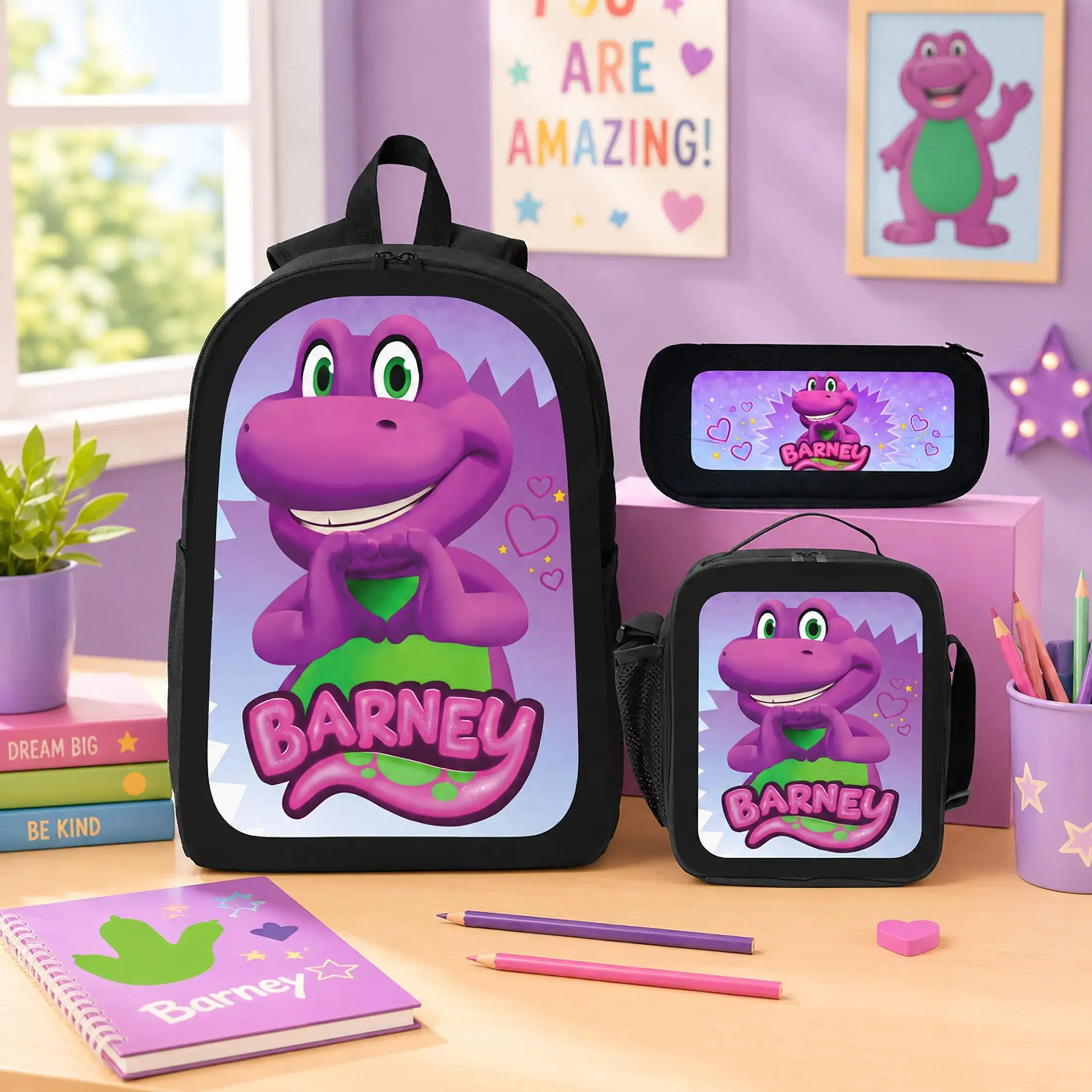 Barneys Band Backpack Set 3 Piece Backpack Lunch Bag Pencil Case Polyester Large Capacity Lightweight Breathable Cartoon Dinosaur Bookbag School Supplies For Back To School Travel Daily Use Girls Boys Students