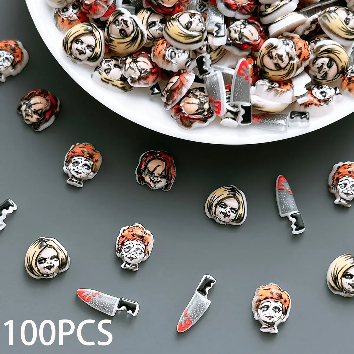 100PCS Creative Dark Style Character Resin Nail Charms 3D Edgy Dark Aesthetics Male Head Female Head Knife Mixed Nail Art Decorations Nail Art Supplies DIY Nails Phone Case Accessories