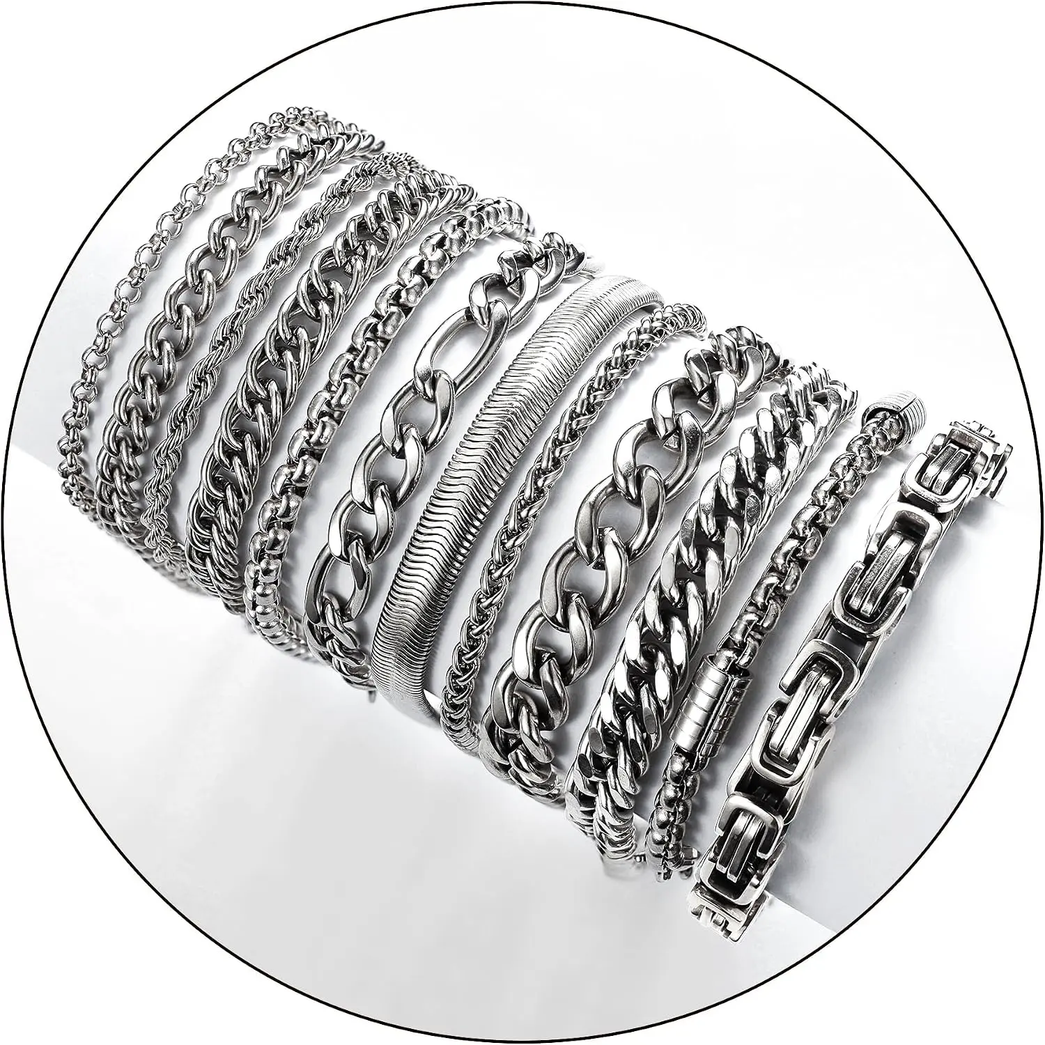 12 count Stainless Steel Cuban Link Chain Bracelets for Men Women  Figaro Rope Chain Men's Curb Chain Bracelets Set Box Square  Twisted Wrist Bracelets 7.5/8.3/9inch