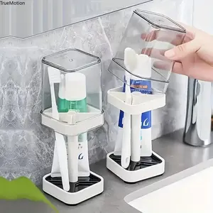 No Drilling 2 in 1 Toothbrush Holder with Mouthwash Cup Couple Minimalist Bathroom Organizer Dustproof Drainage